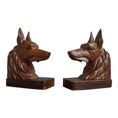 Antique Stunning Pair of Hand Carved French Sheepdog Sculptures or Cherrywood Bookends