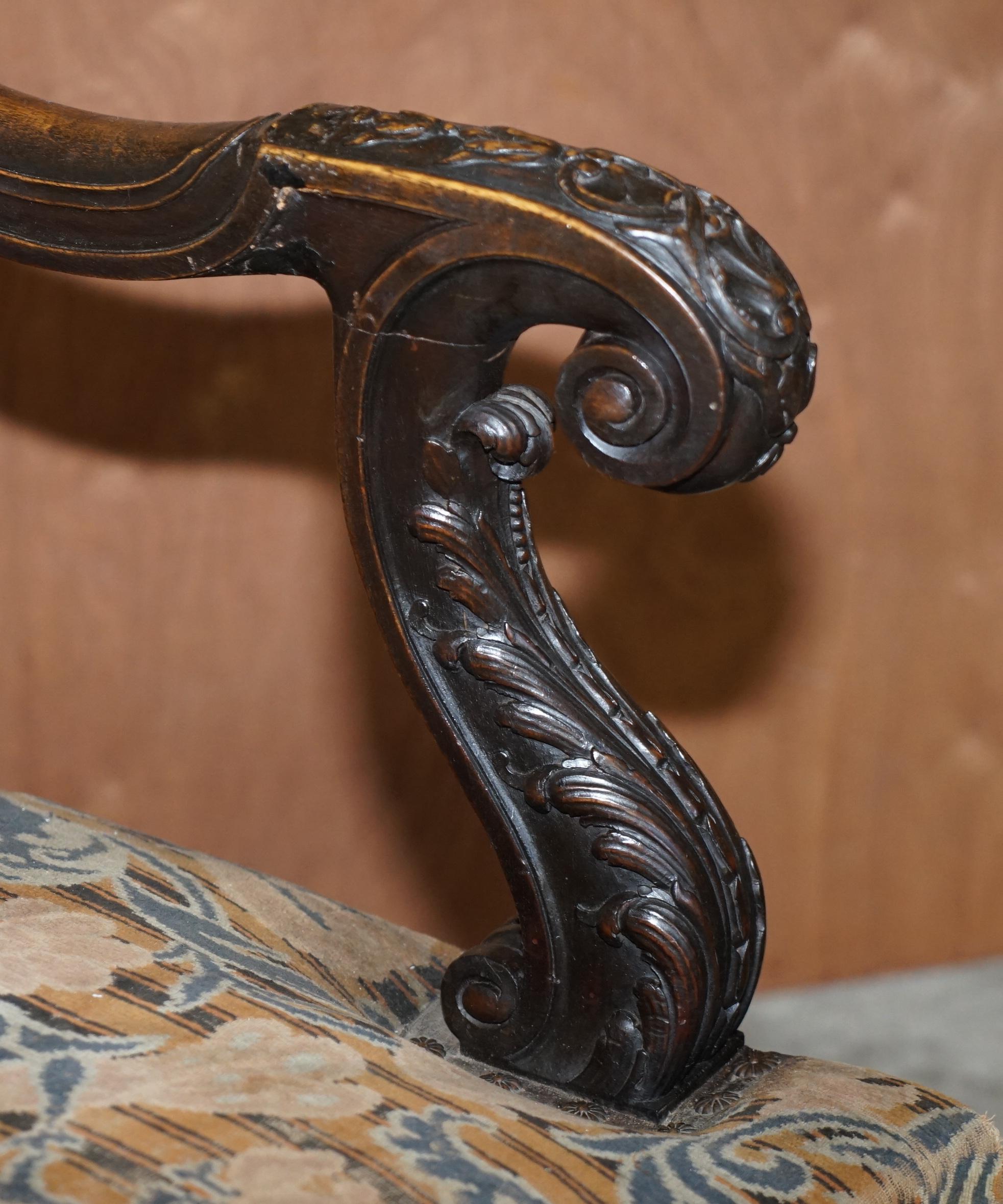 Hand-Carved Stunning Pair of Hand Carved Italian Walnut Antique circa 1860 Throne Armchairs For Sale