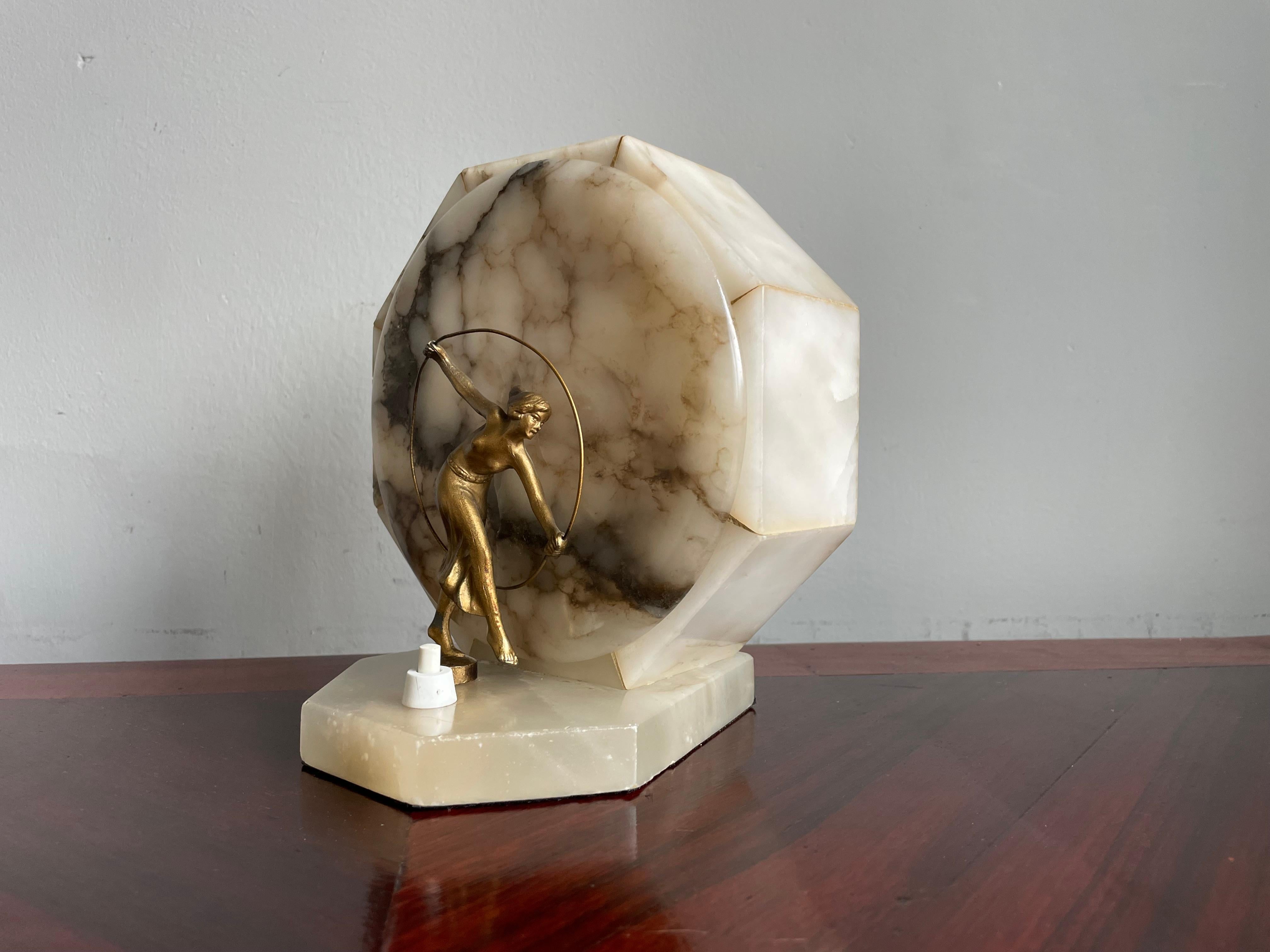 Metal Stunning Pair of Handcrafted Art Deco Alabaster Table Lamps w. Jazz Age Dancers For Sale
