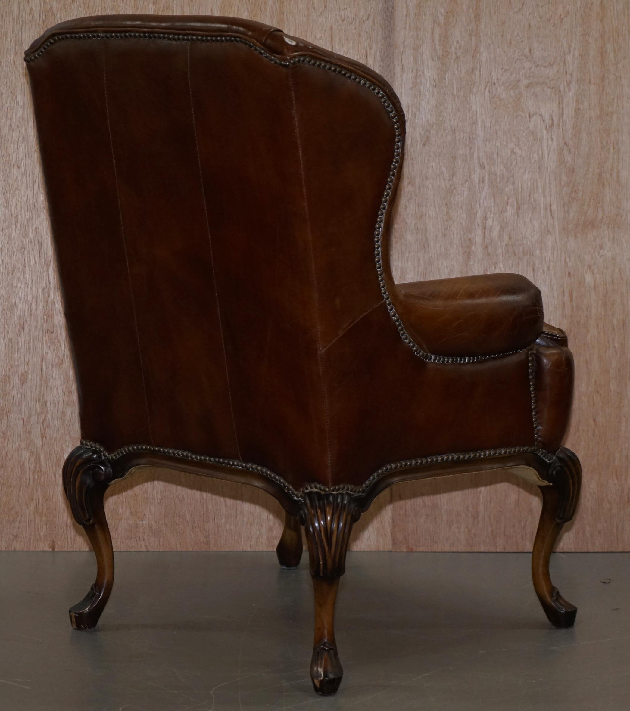 Stunning Pair of Heritage Brown Leather Wingback Armchairs & Matching Footstools 3