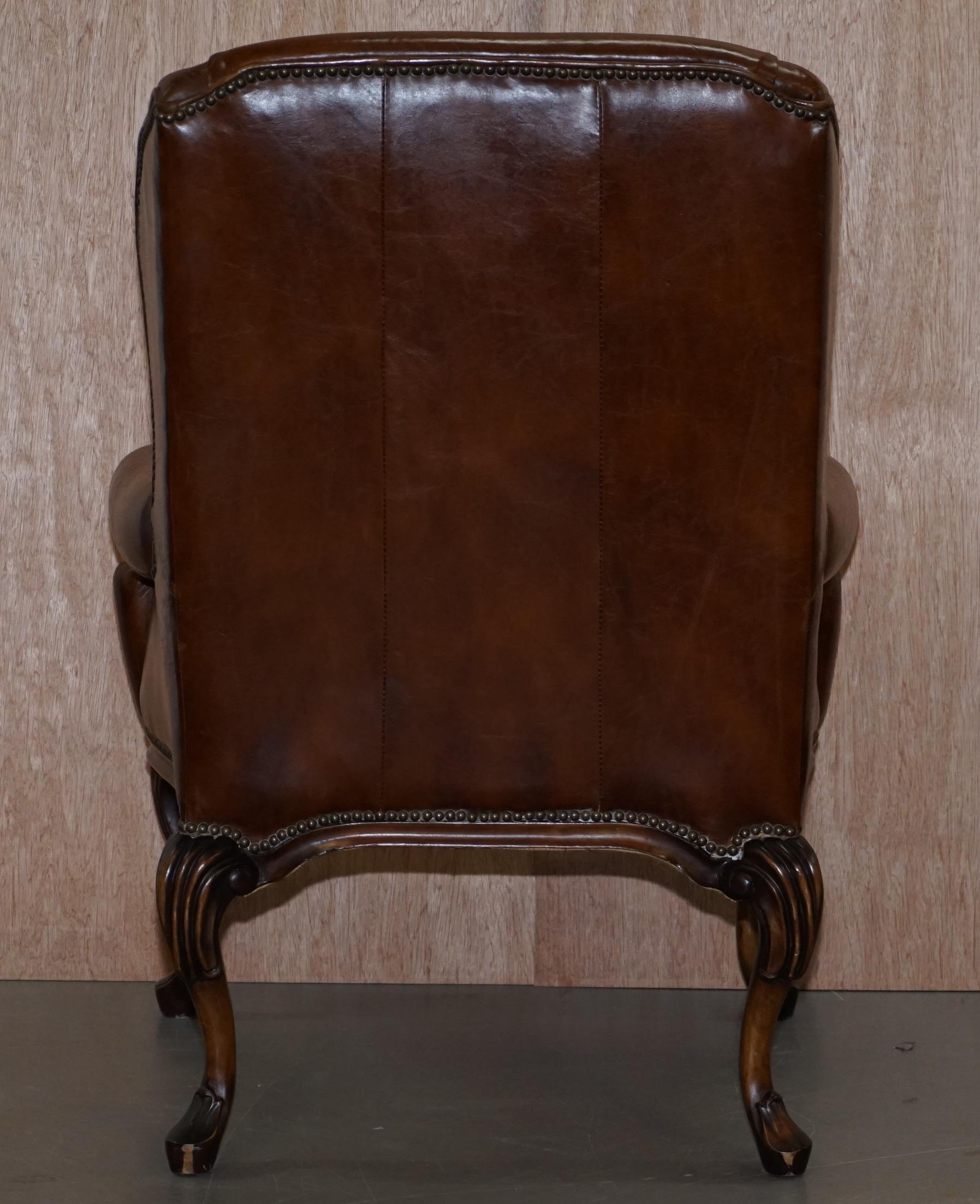 Stunning Pair of Heritage Brown Leather Wingback Armchairs & Matching Footstools 4