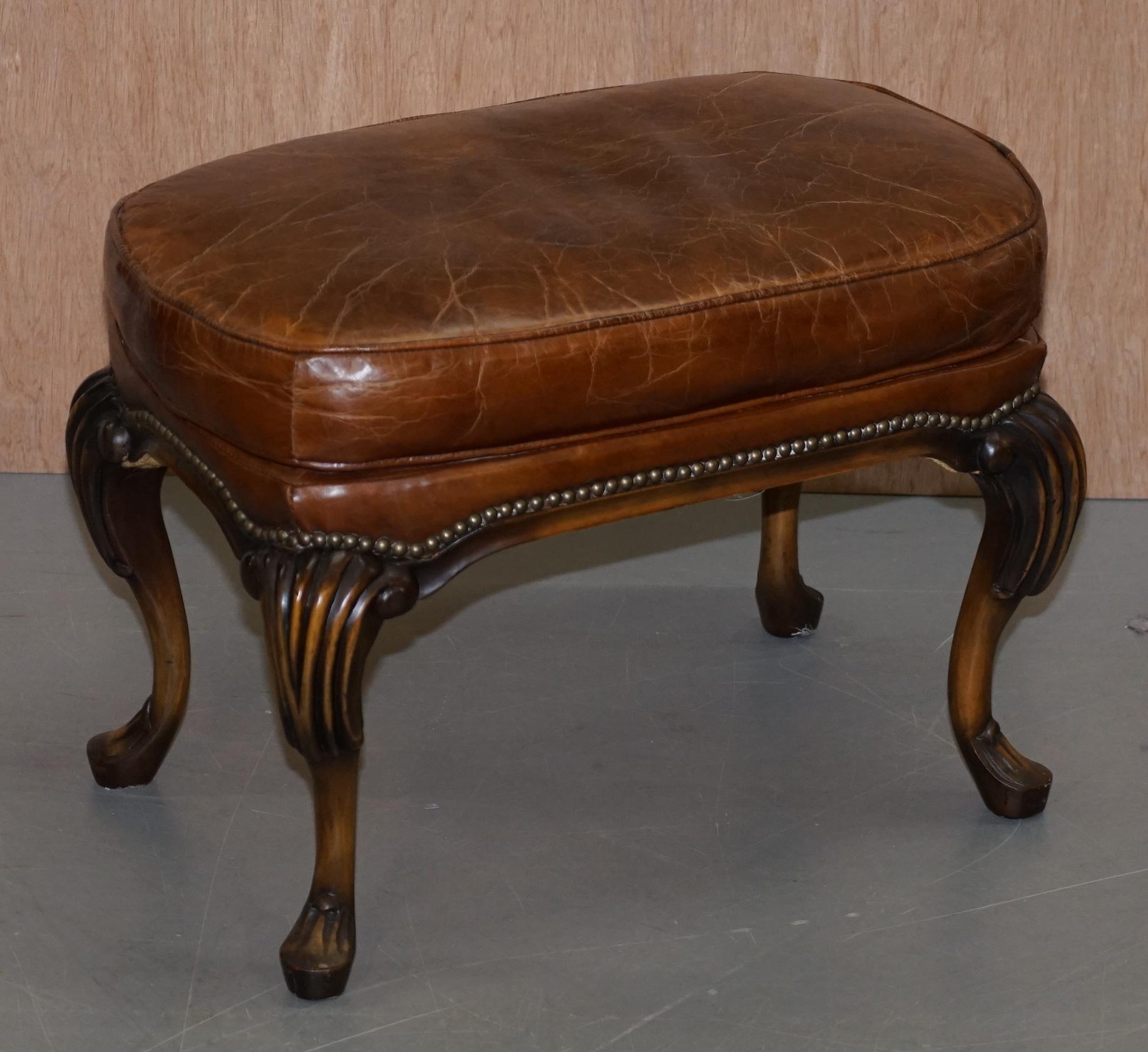 Stunning Pair of Heritage Brown Leather Wingback Armchairs & Matching Footstools 5