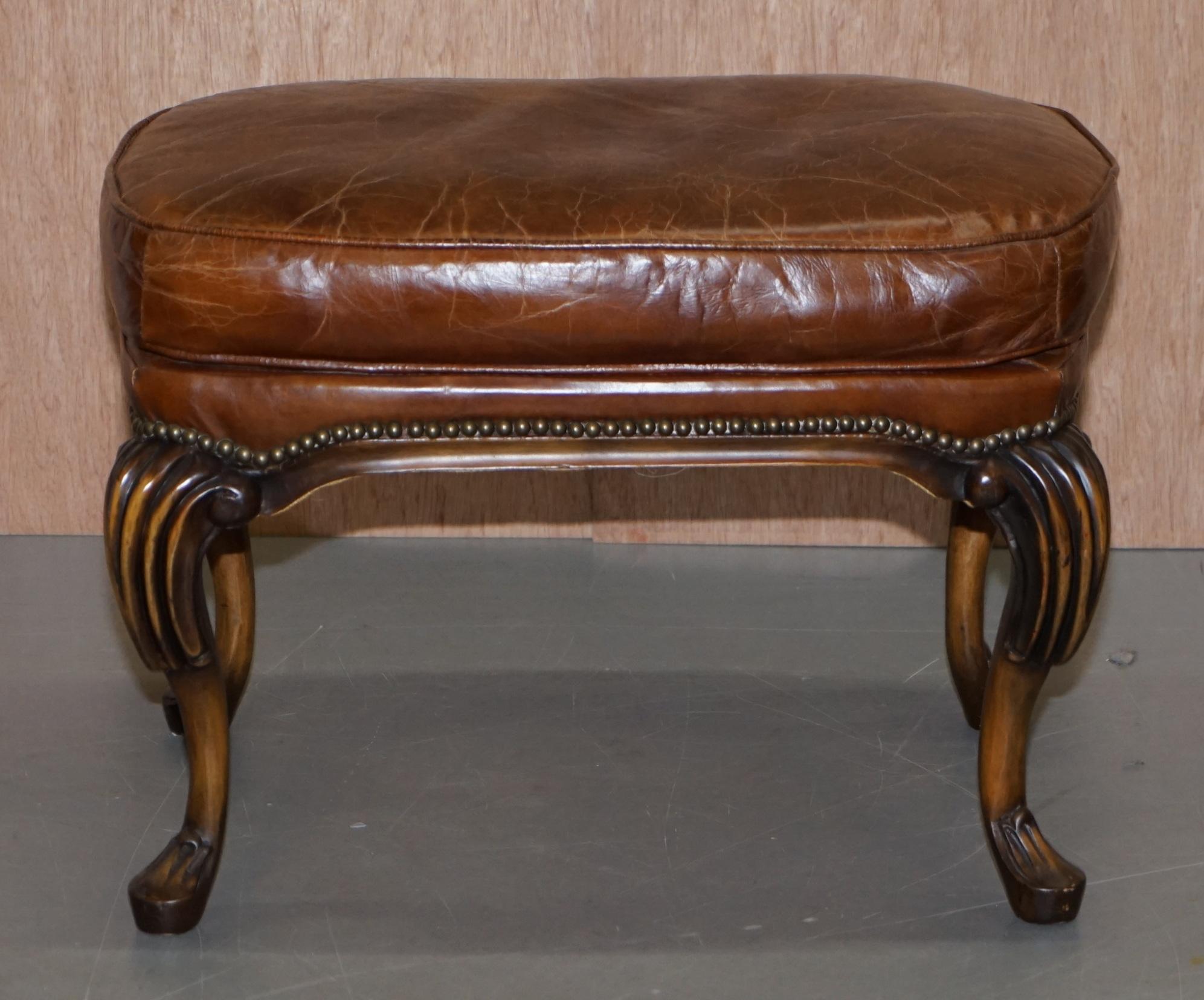 Stunning Pair of Heritage Brown Leather Wingback Armchairs & Matching Footstools 6