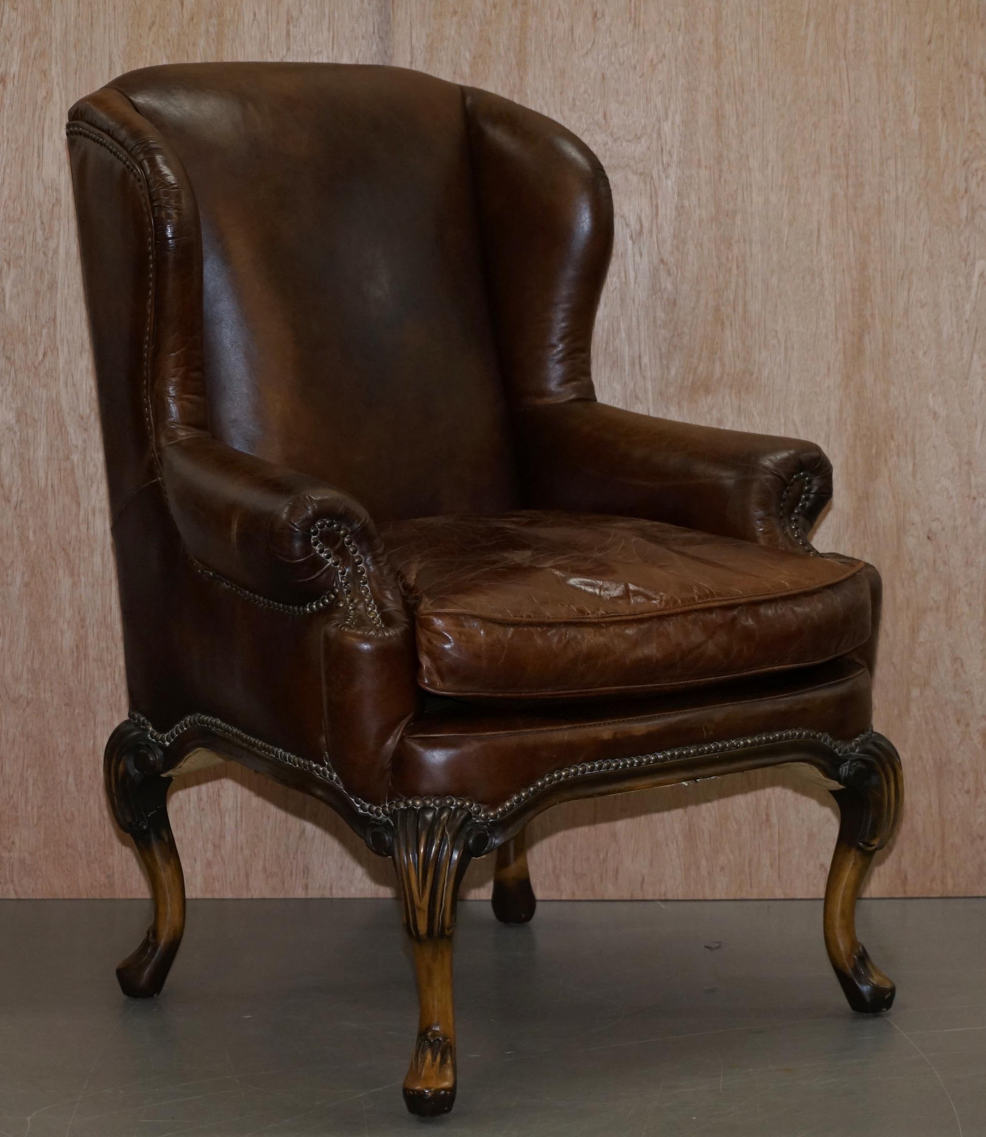 Stunning Pair of Heritage Brown Leather Wingback Armchairs & Matching Footstools 8