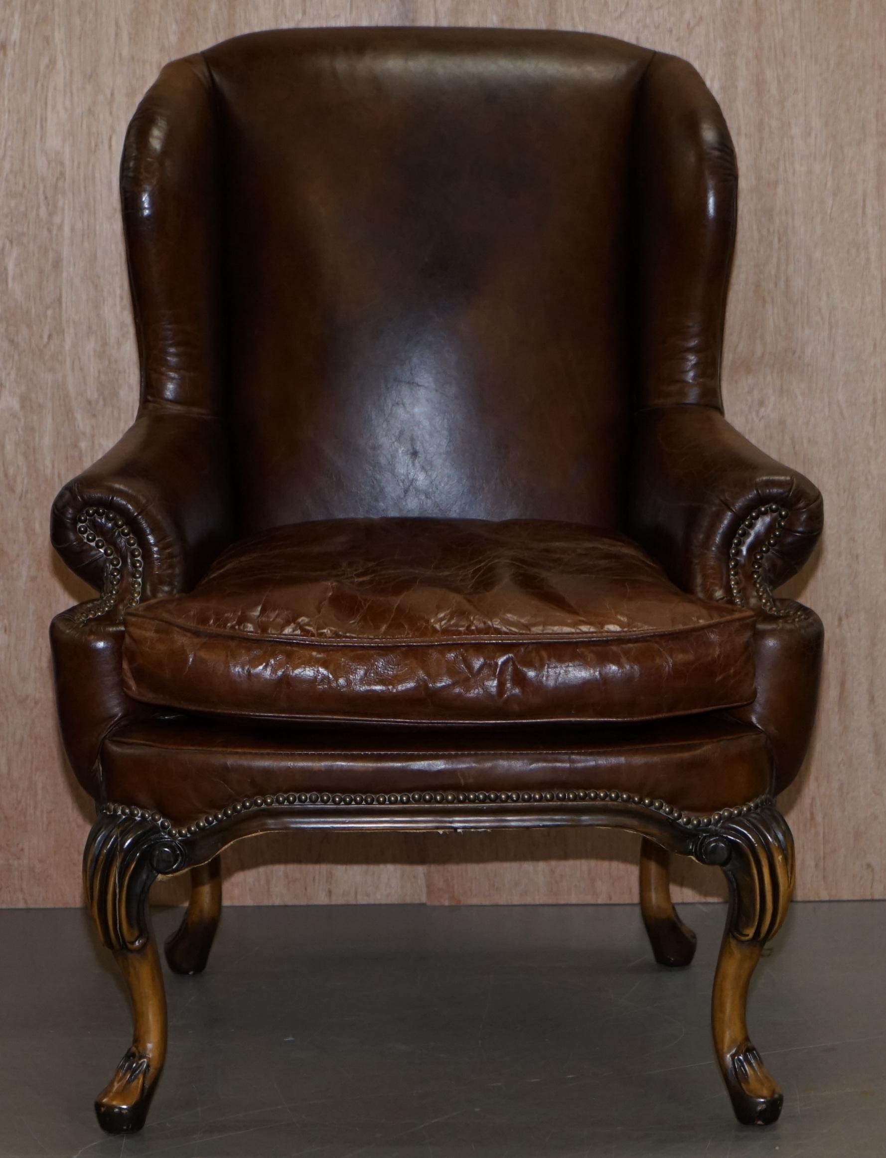 Stunning Pair of Heritage Brown Leather Wingback Armchairs & Matching Footstools 9