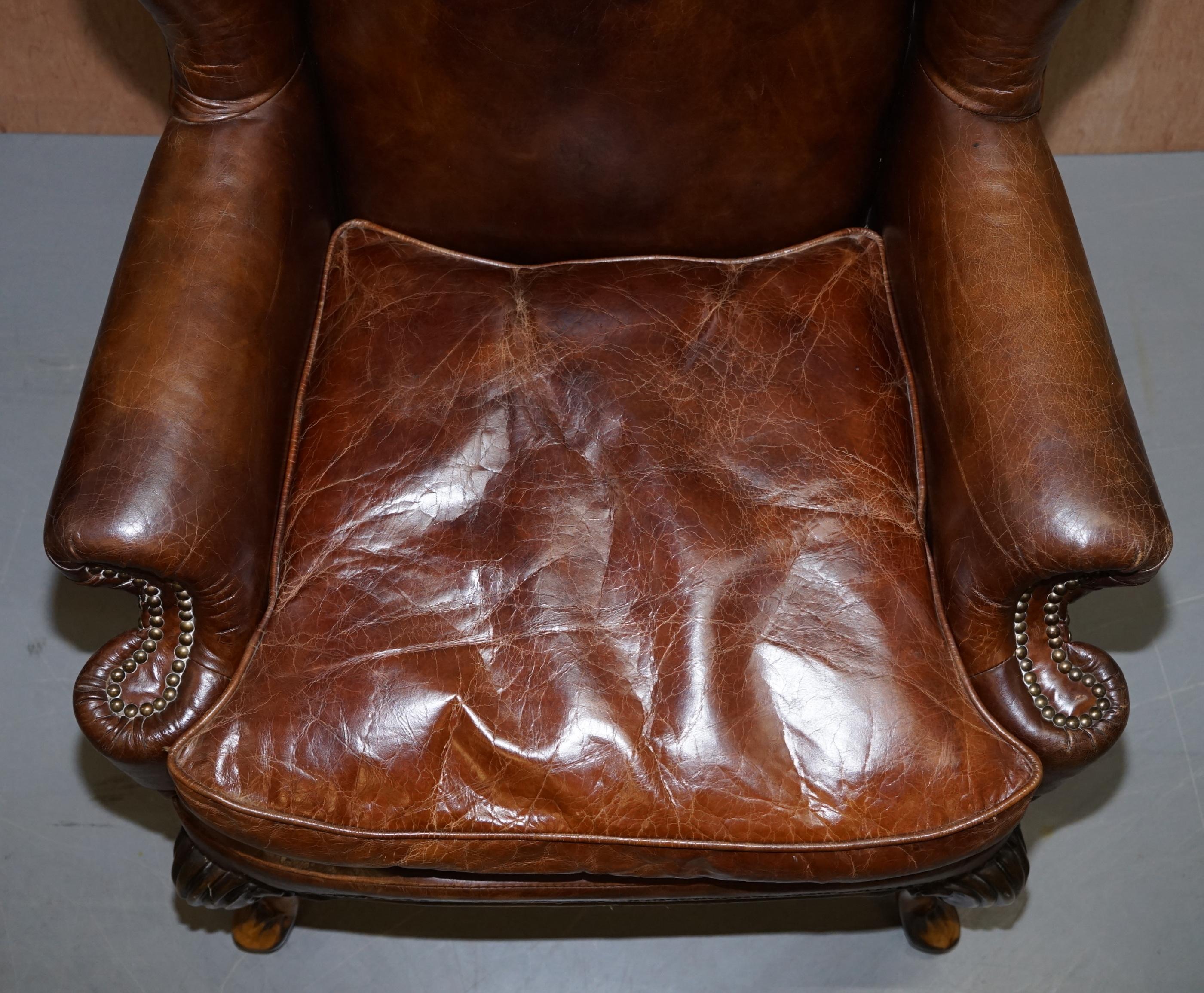 Stunning Pair of Heritage Brown Leather Wingback Armchairs & Matching Footstools 10