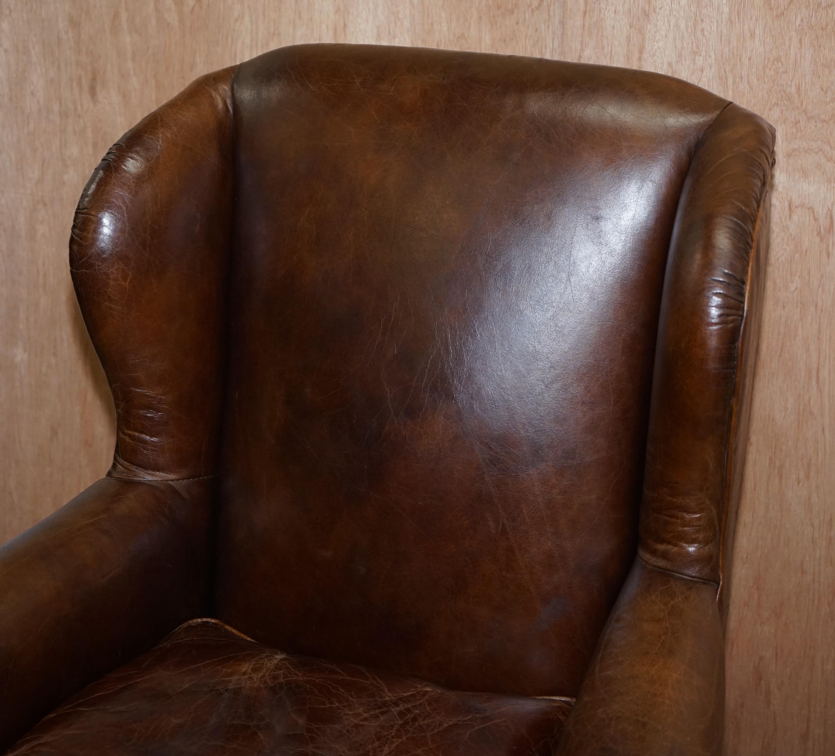 Stunning Pair of Heritage Brown Leather Wingback Armchairs & Matching Footstools 11