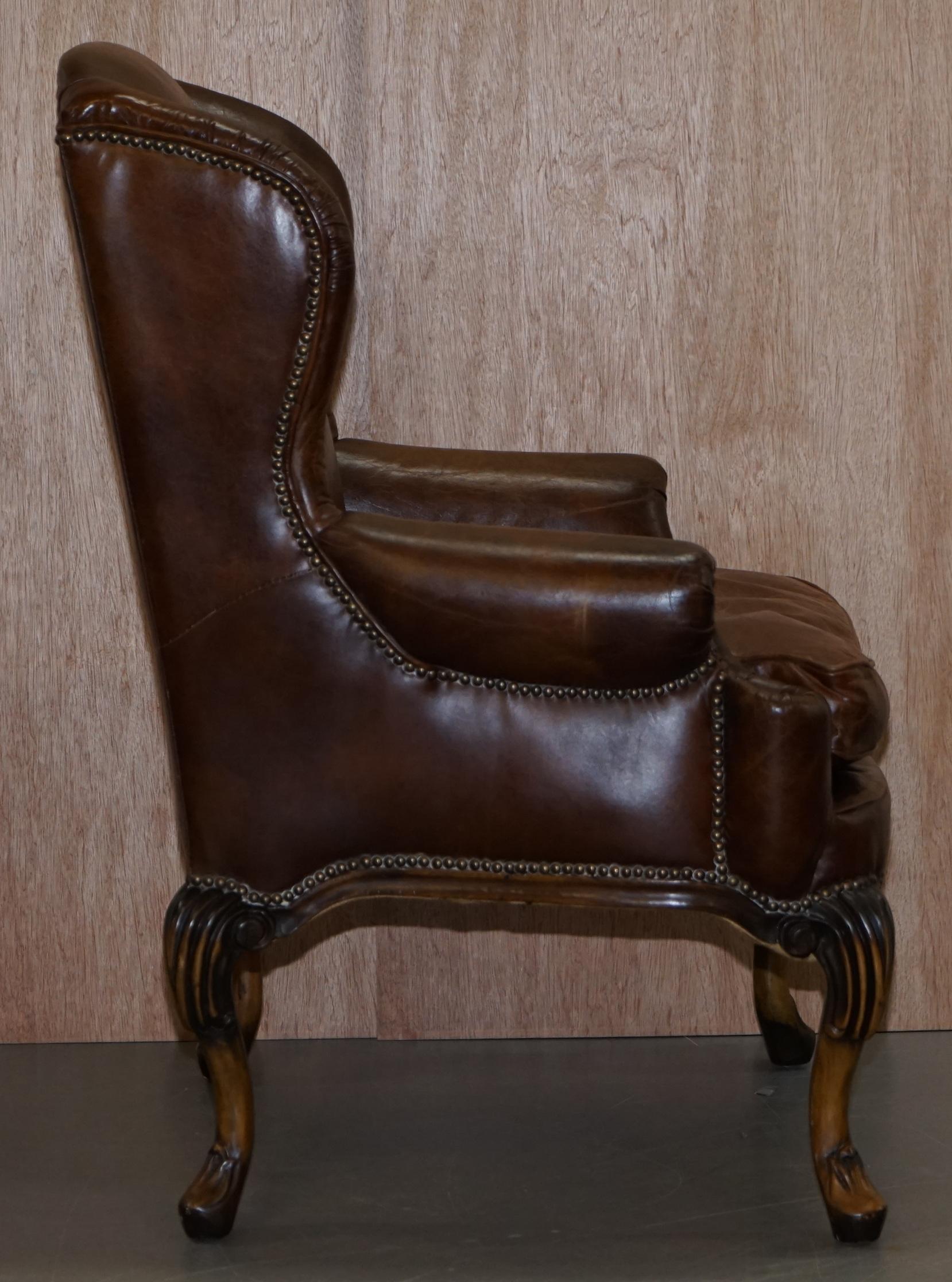 Stunning Pair of Heritage Brown Leather Wingback Armchairs & Matching Footstools 12