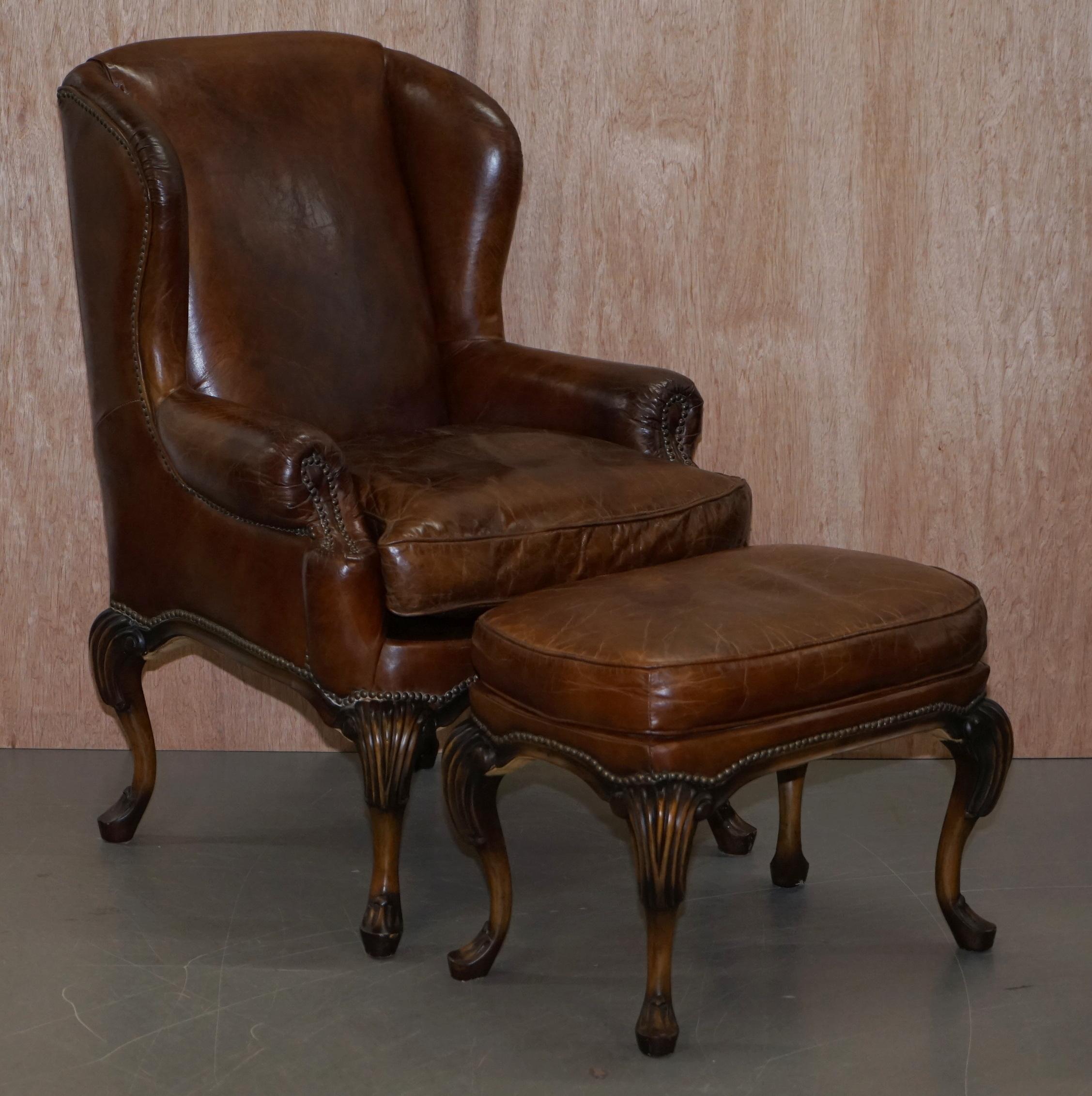We are delighted to offer for sale this lovely pair of heritage brown distressed leather wingback armchairs with matching footstools

A very decorative comfortable and good looking suite, the leather is heritage leather so its designed to look 100