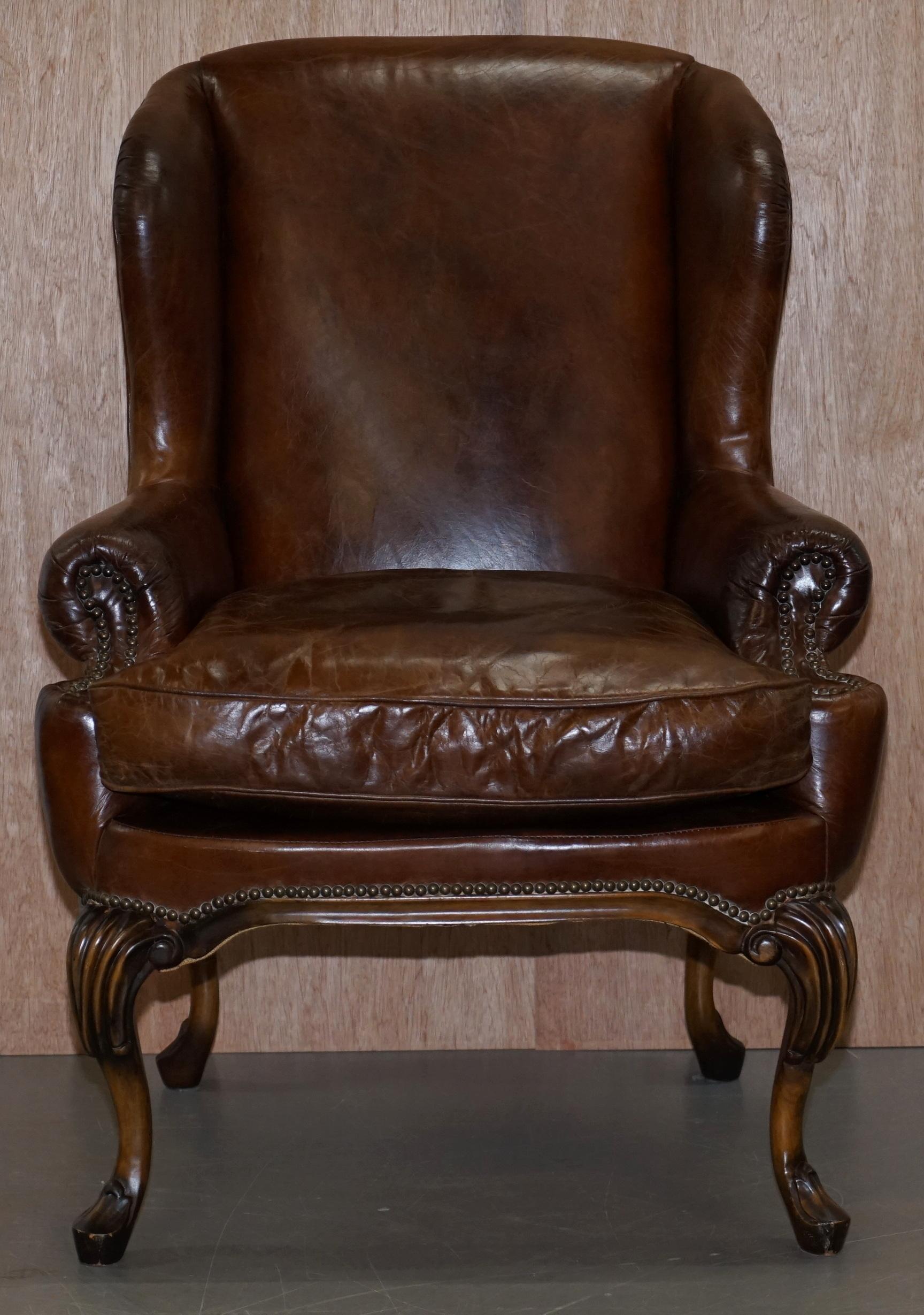 Victorian Stunning Pair of Heritage Brown Leather Wingback Armchairs & Matching Footstools