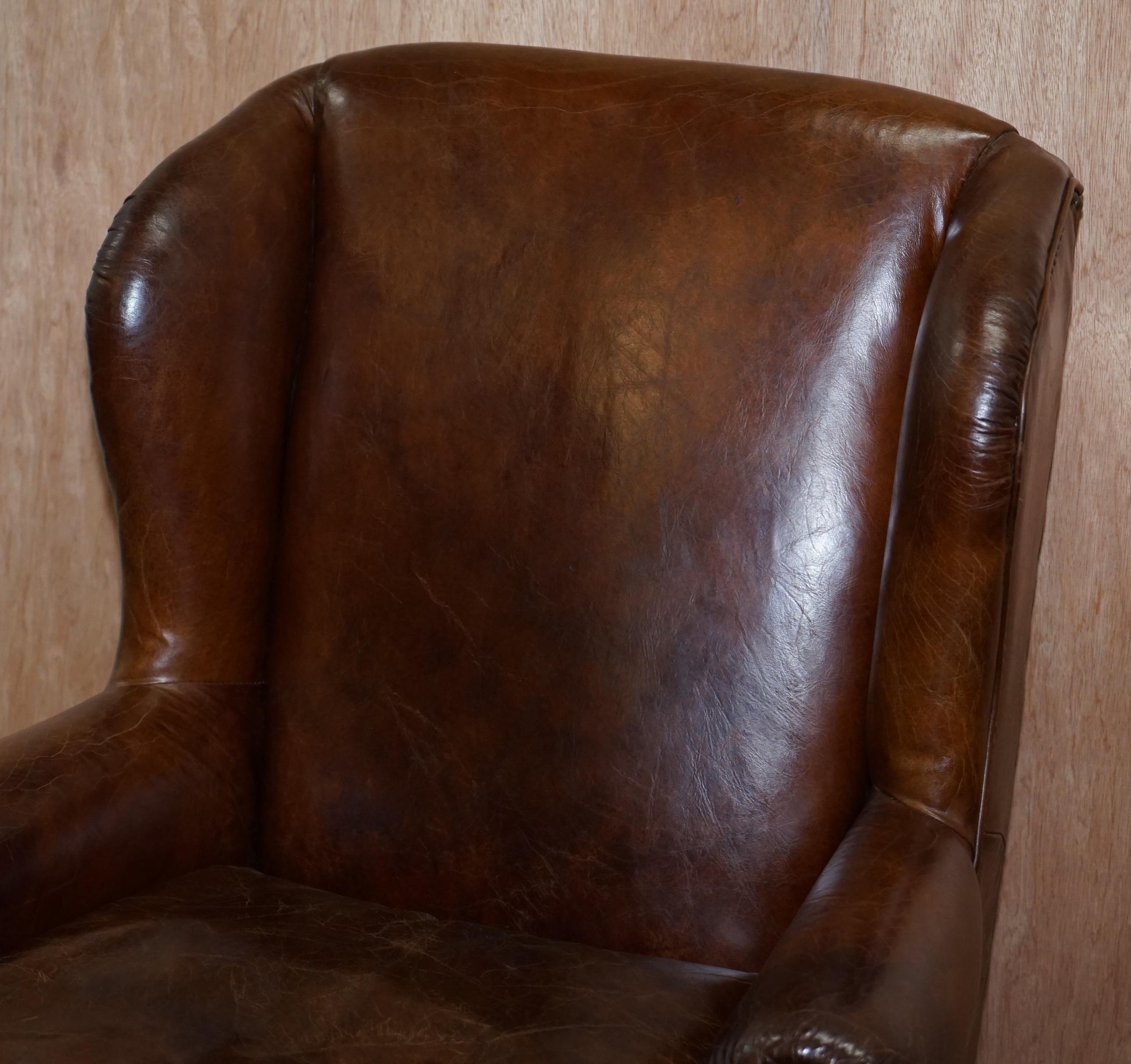 English Stunning Pair of Heritage Brown Leather Wingback Armchairs & Matching Footstools