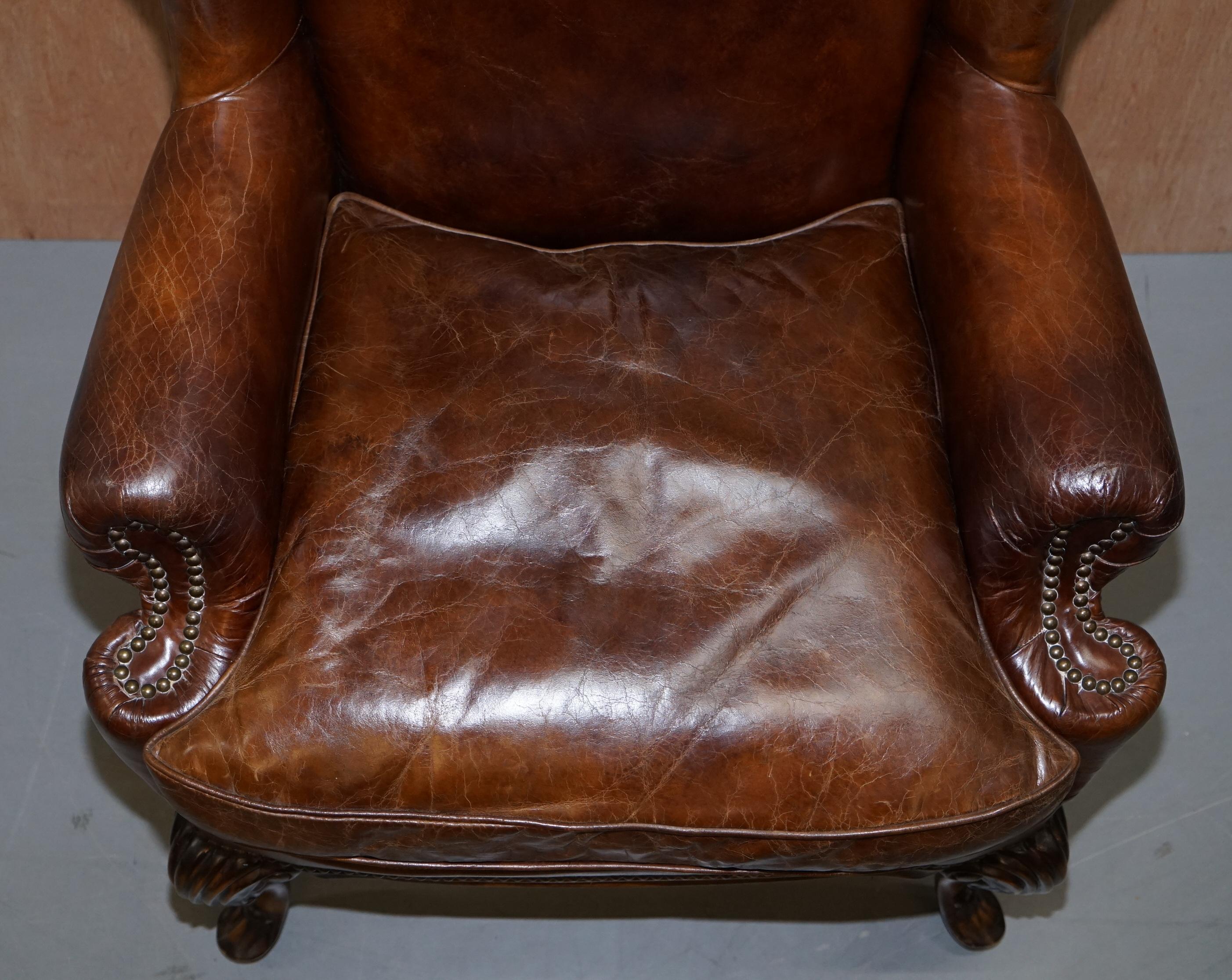 Hand-Crafted Stunning Pair of Heritage Brown Leather Wingback Armchairs & Matching Footstools