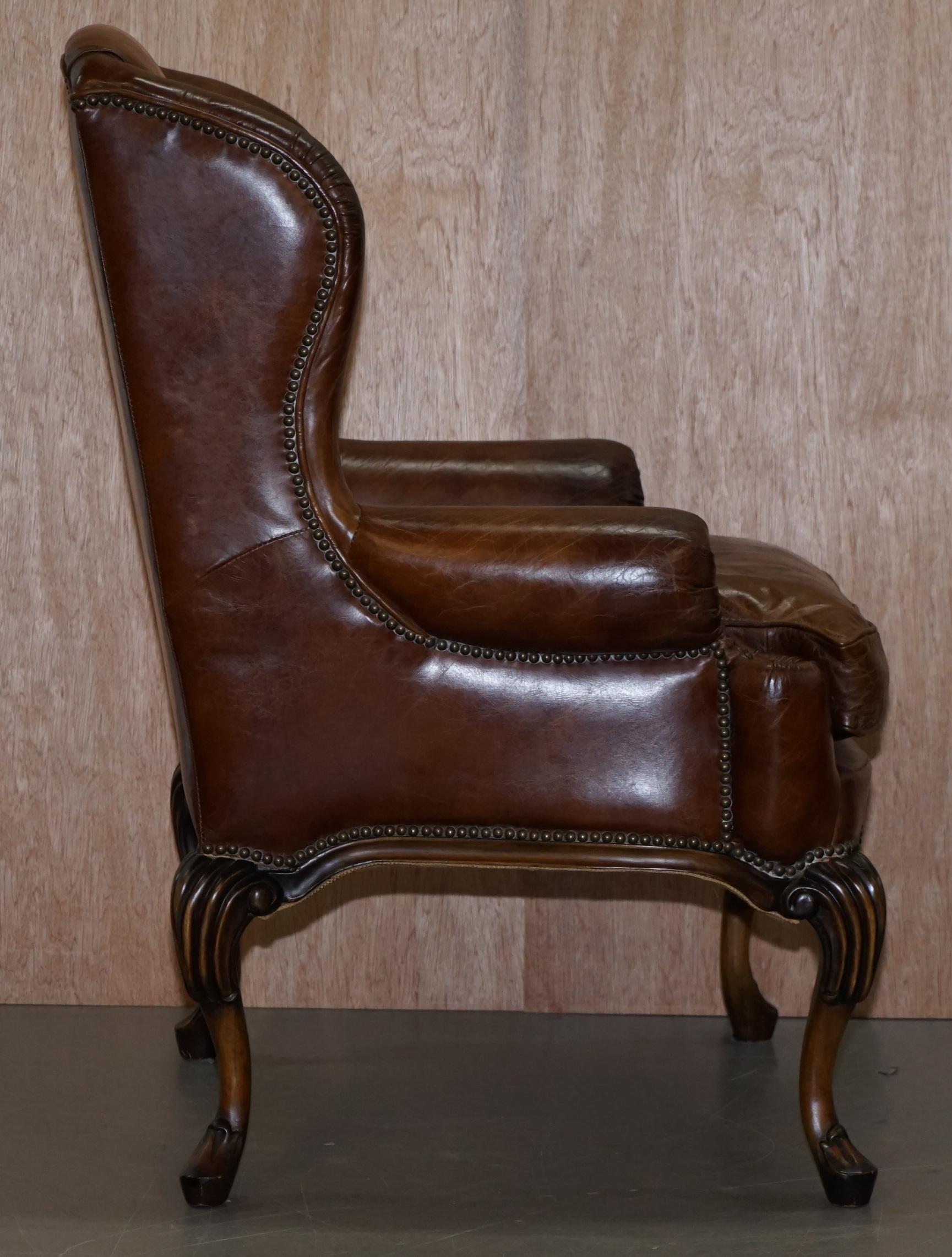 Stunning Pair of Heritage Brown Leather Wingback Armchairs & Matching Footstools 1