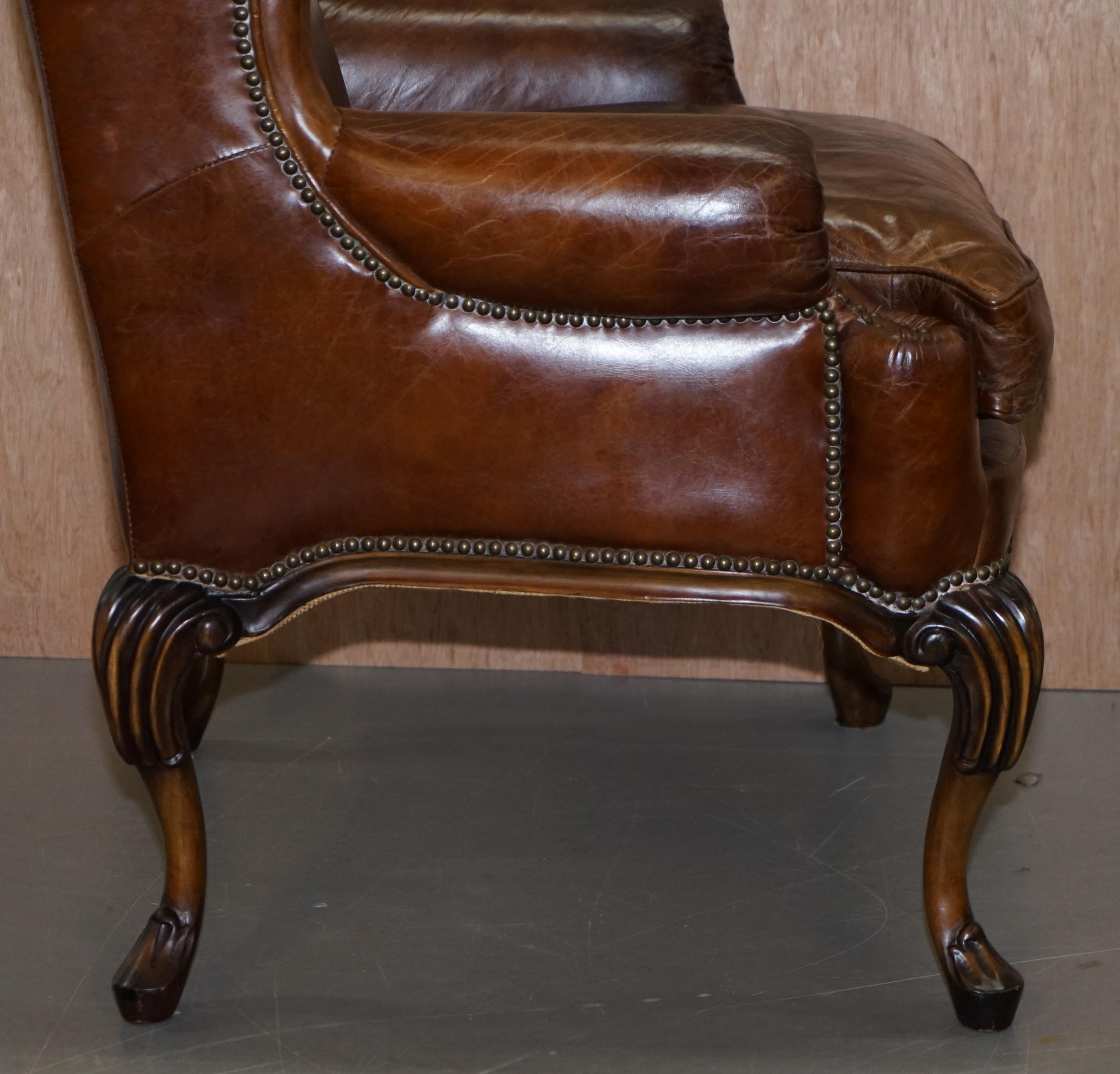 Stunning Pair of Heritage Brown Leather Wingback Armchairs & Matching Footstools 2