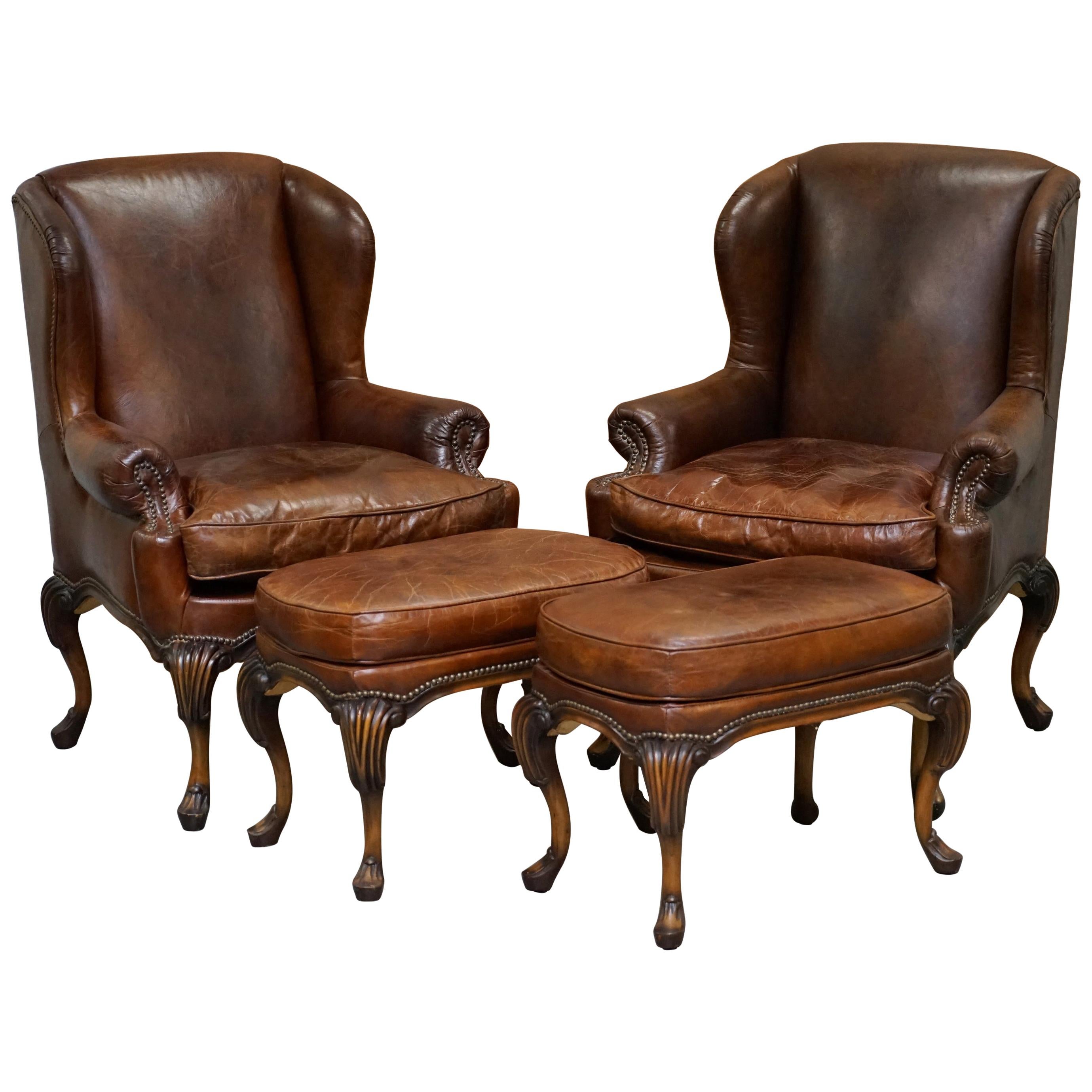 Stunning Pair of Heritage Brown Leather Wingback Armchairs & Matching Footstools