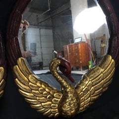 Stunning Pair of Hollywood Regency Oval Mirrors with Gold Gilt Swan Figures