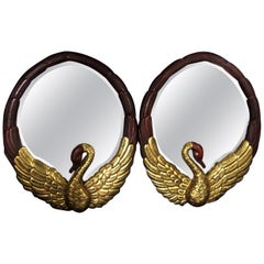Retro Stunning Pair of Hollywood Regency Oval Mirrors with Gold Gilt Swan Figures