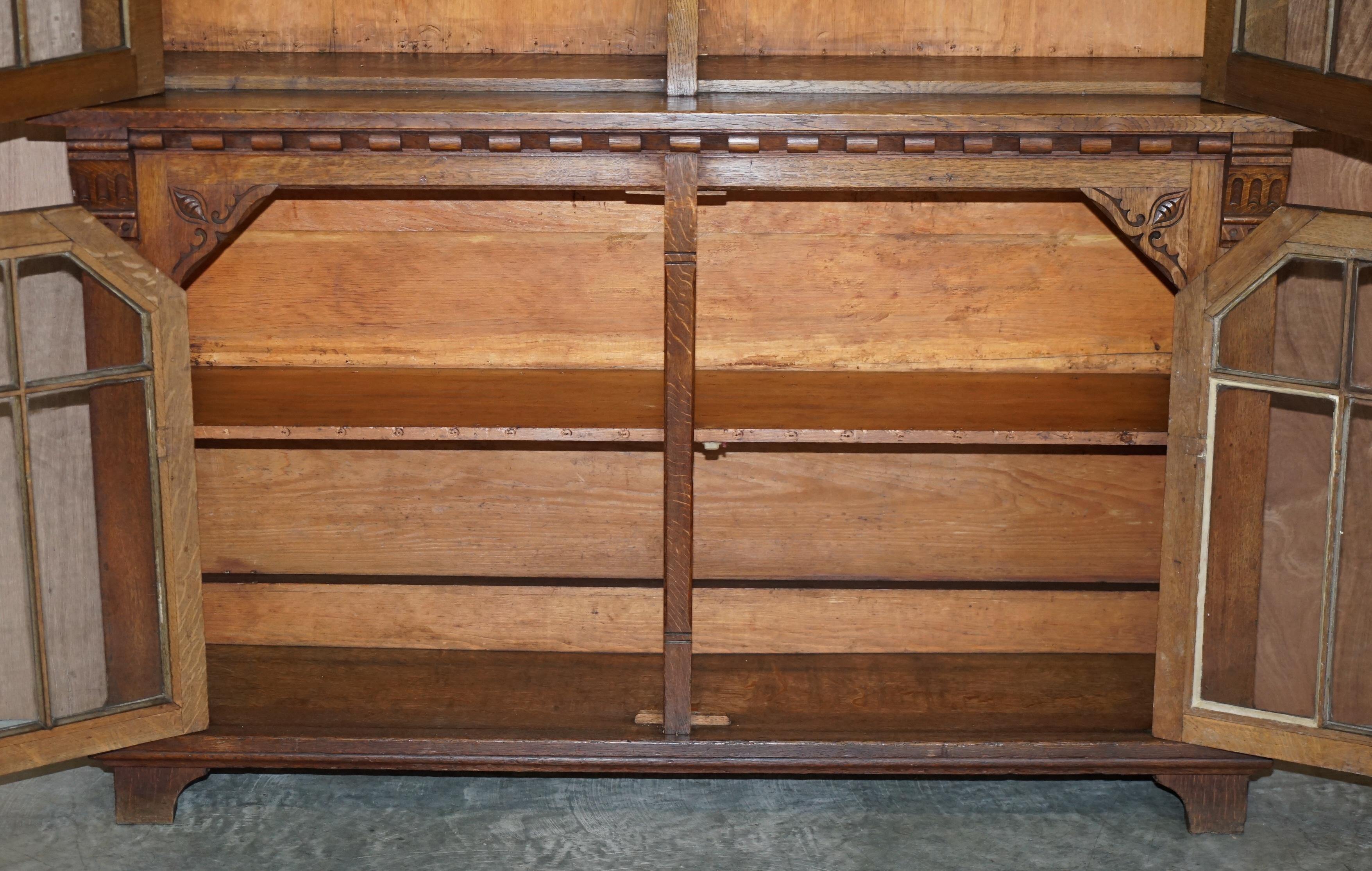 Stunning Pair of Huge Antique Victorian Oak Library Bookcases Leaded Glass Doors 7