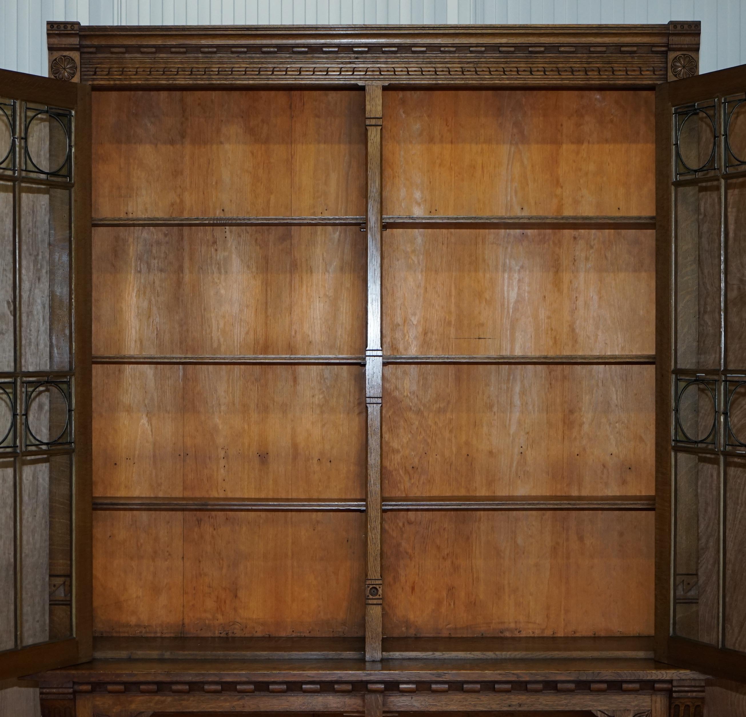 Stunning Pair of Huge Antique Victorian Oak Library Bookcases Leaded Glass Doors 8