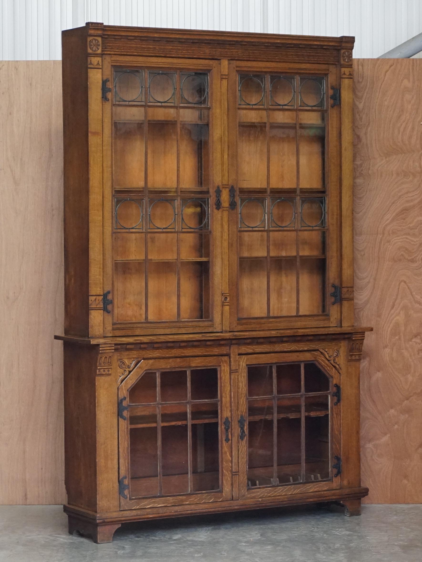 Stunning Pair of Huge Antique Victorian Oak Library Bookcases Leaded Glass Doors 12