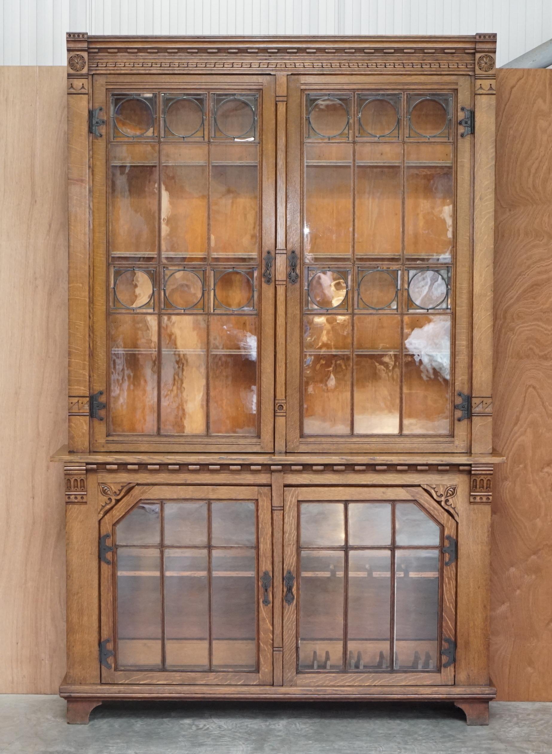 Stunning Pair of Huge Antique Victorian Oak Library Bookcases Leaded Glass Doors 13