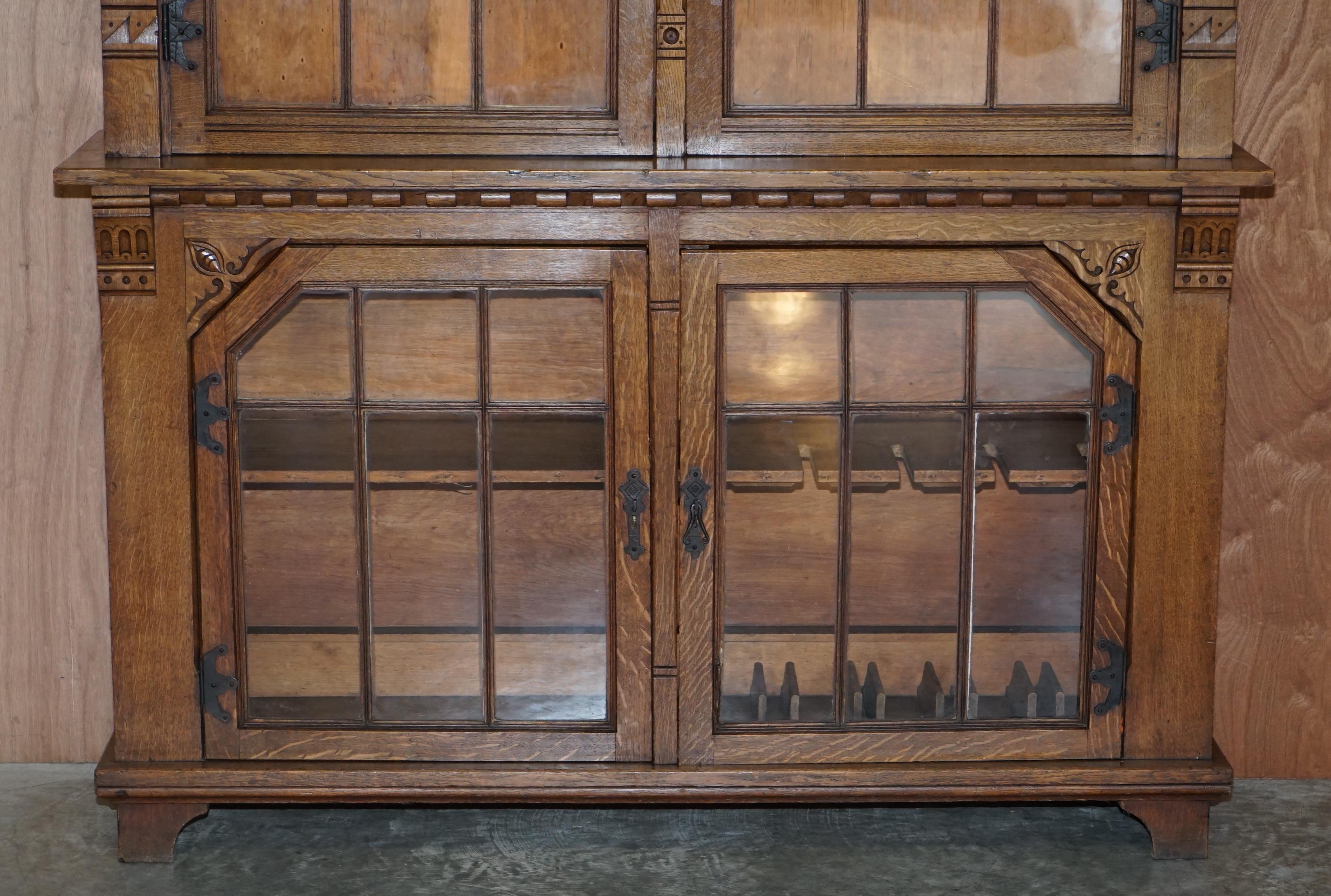 Stunning Pair of Huge Antique Victorian Oak Library Bookcases Leaded Glass Doors 14