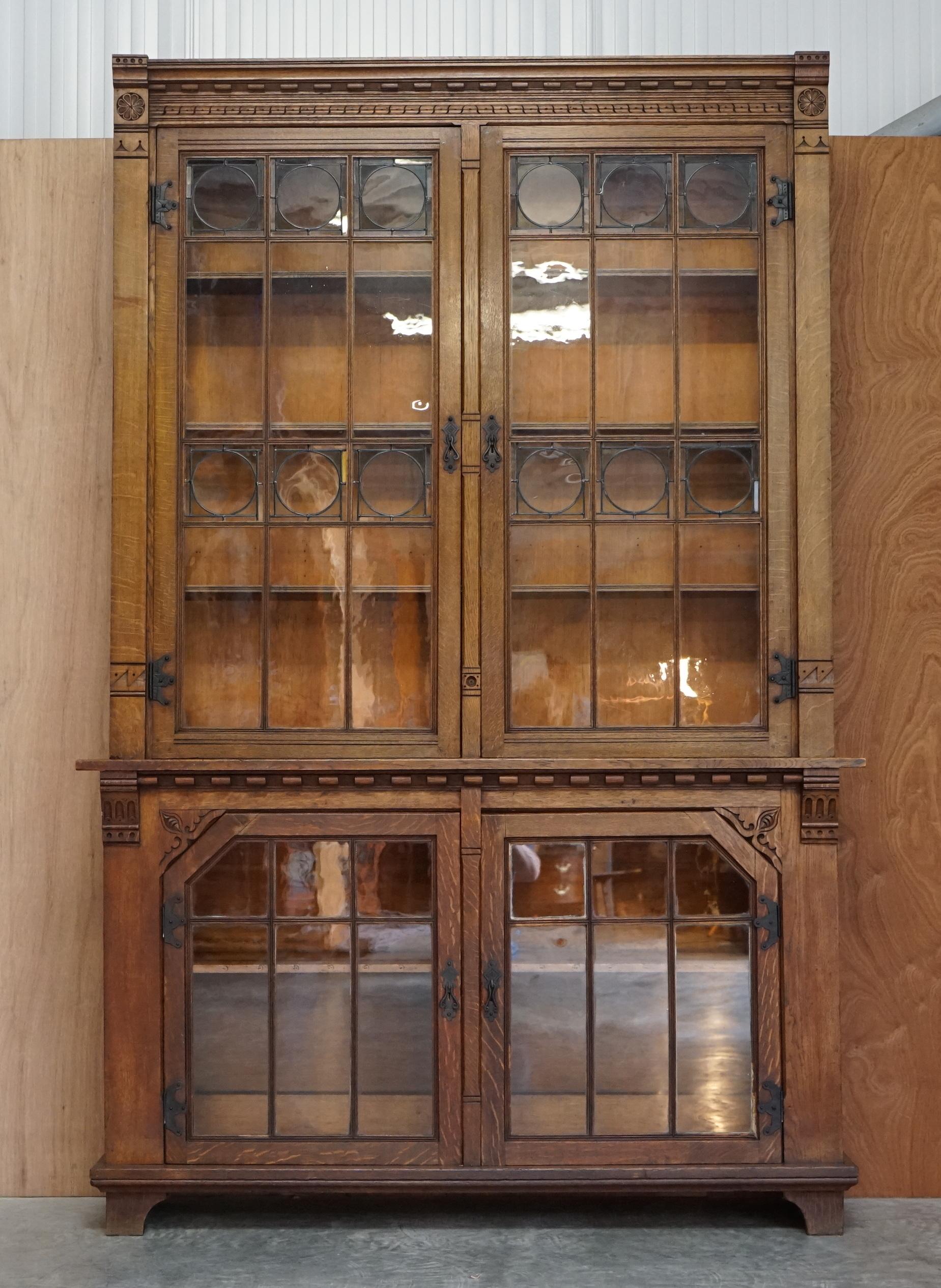 English Stunning Pair of Huge Antique Victorian Oak Library Bookcases Leaded Glass Doors