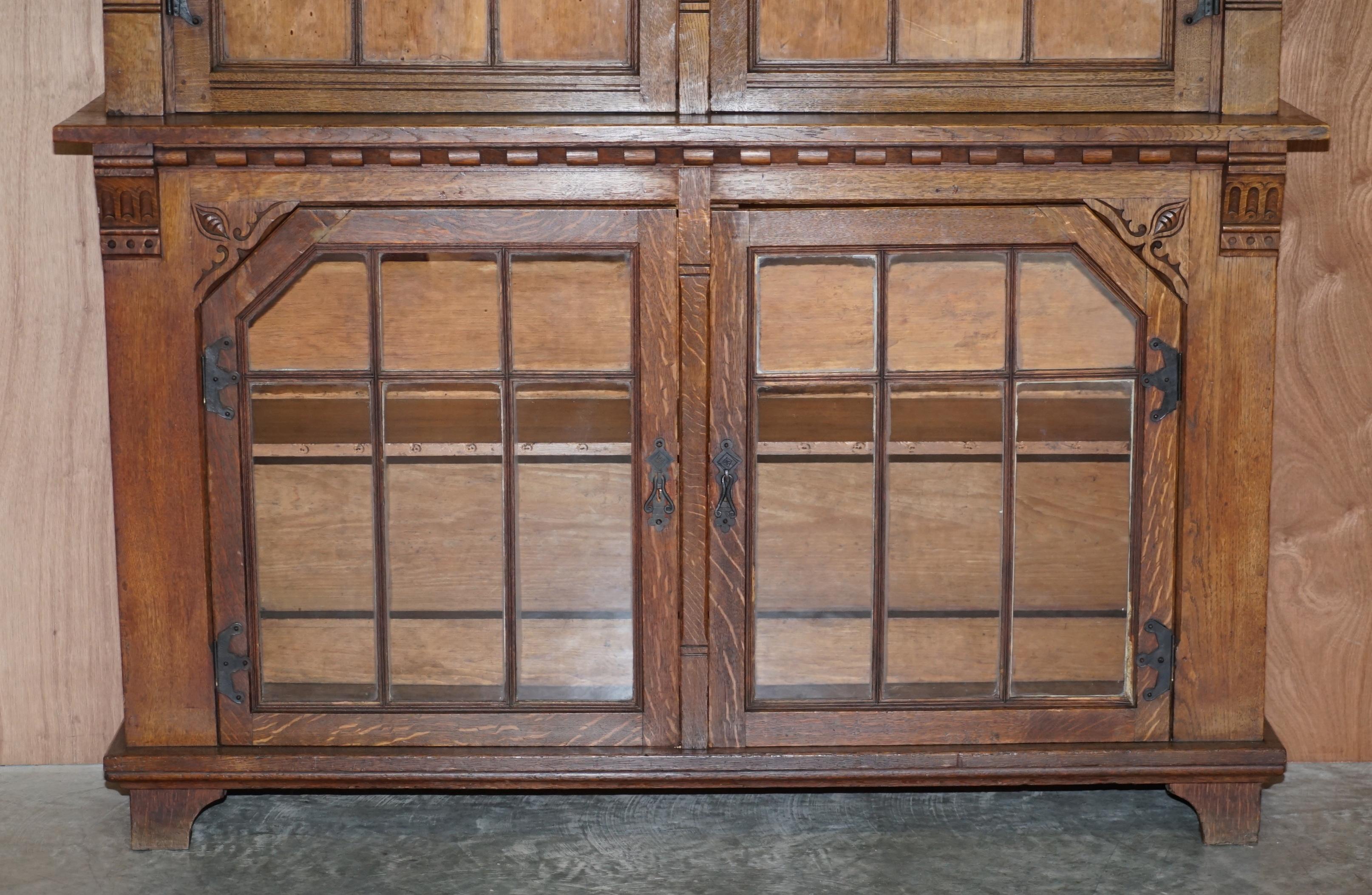 Hand-Crafted Stunning Pair of Huge Antique Victorian Oak Library Bookcases Leaded Glass Doors