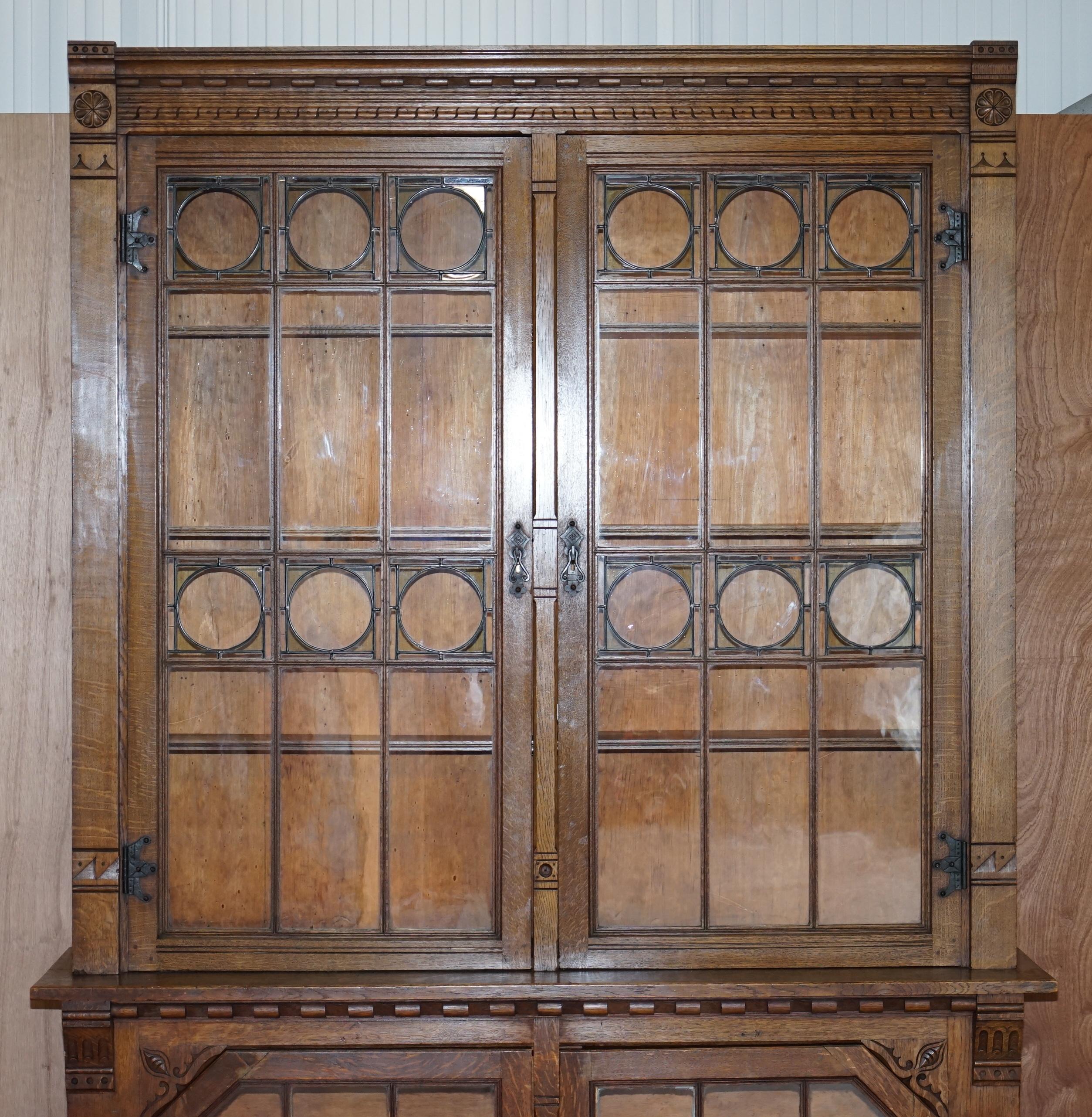 19th Century Stunning Pair of Huge Antique Victorian Oak Library Bookcases Leaded Glass Doors