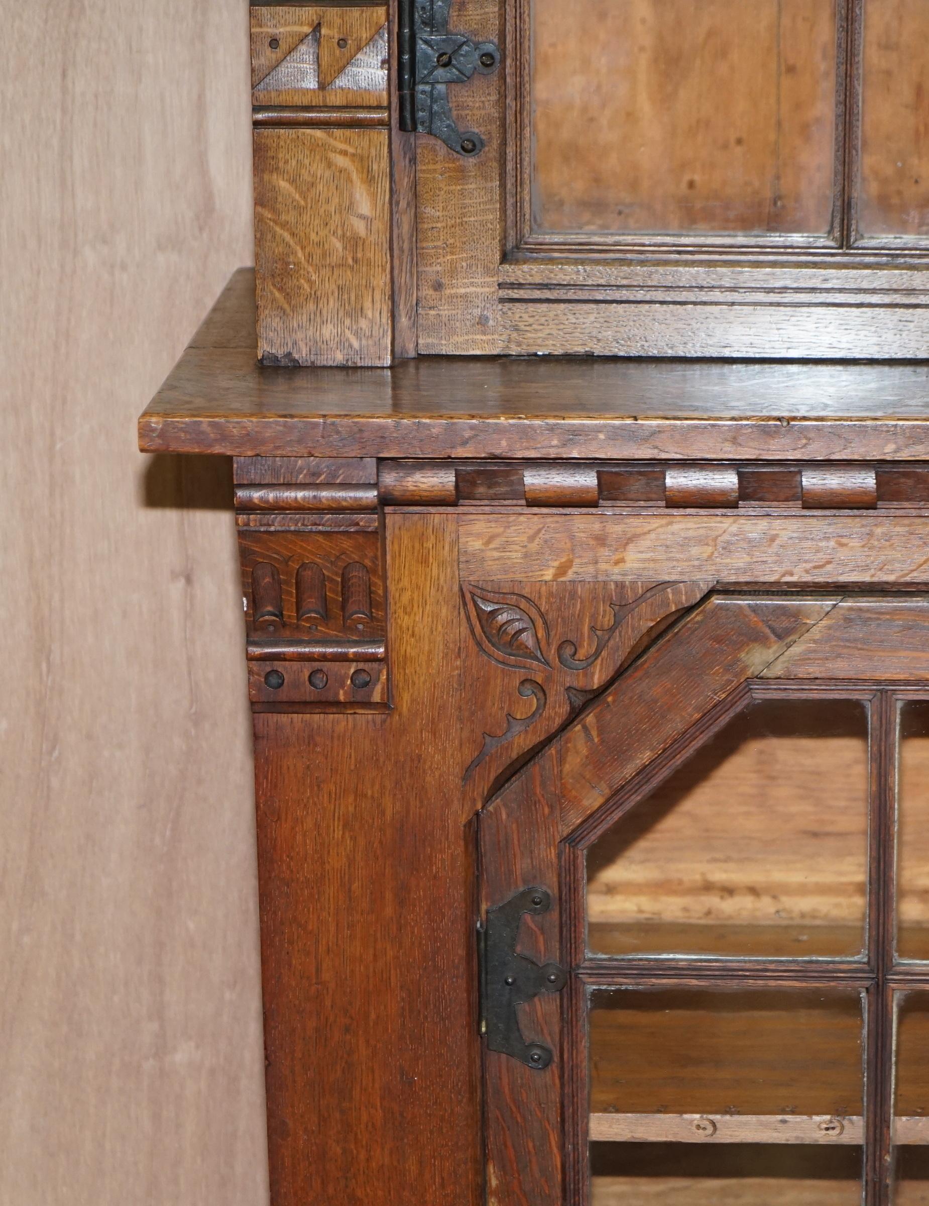 Stunning Pair of Huge Antique Victorian Oak Library Bookcases Leaded Glass Doors 1