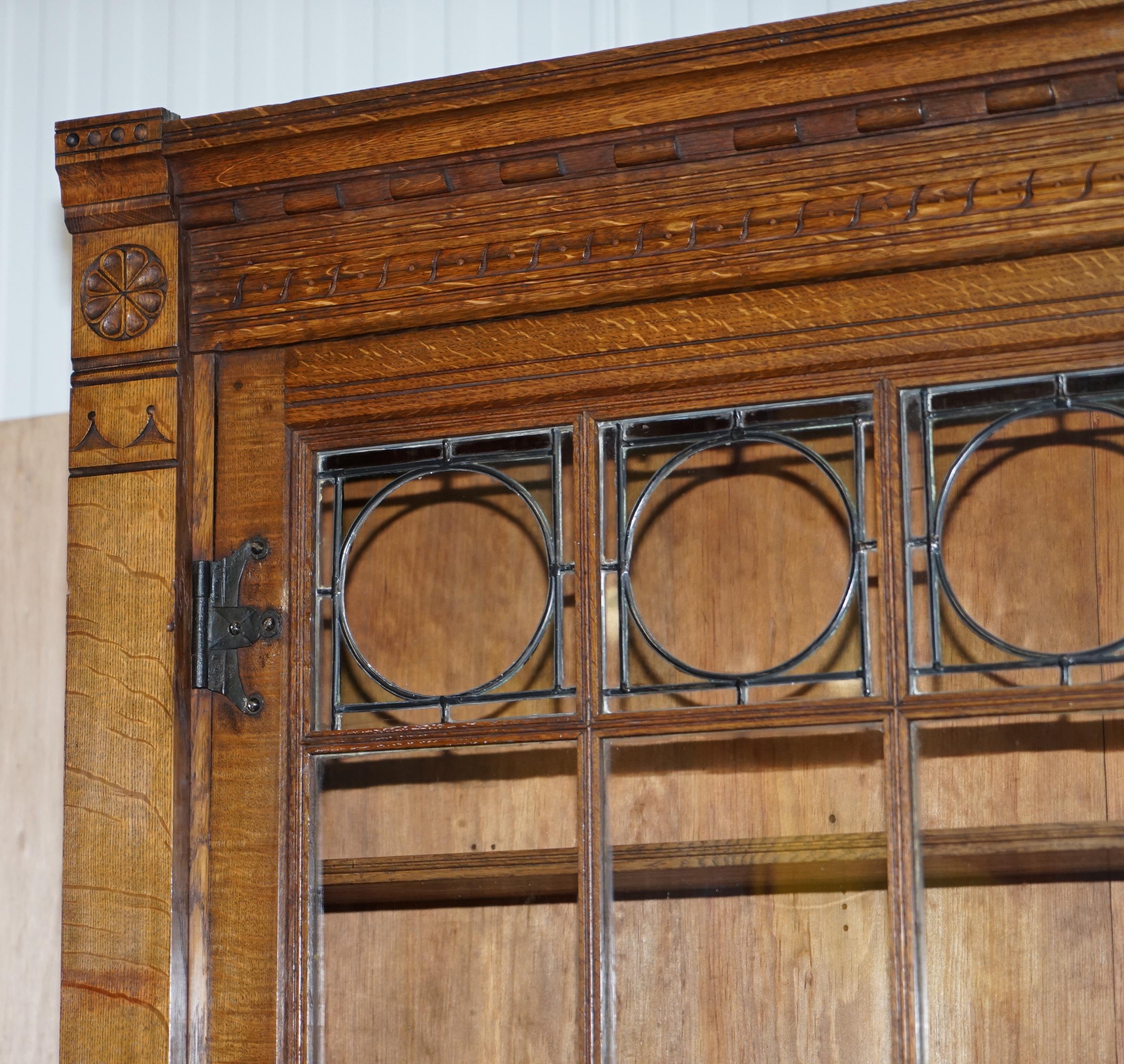 Stunning Pair of Huge Antique Victorian Oak Library Bookcases Leaded Glass Doors 2