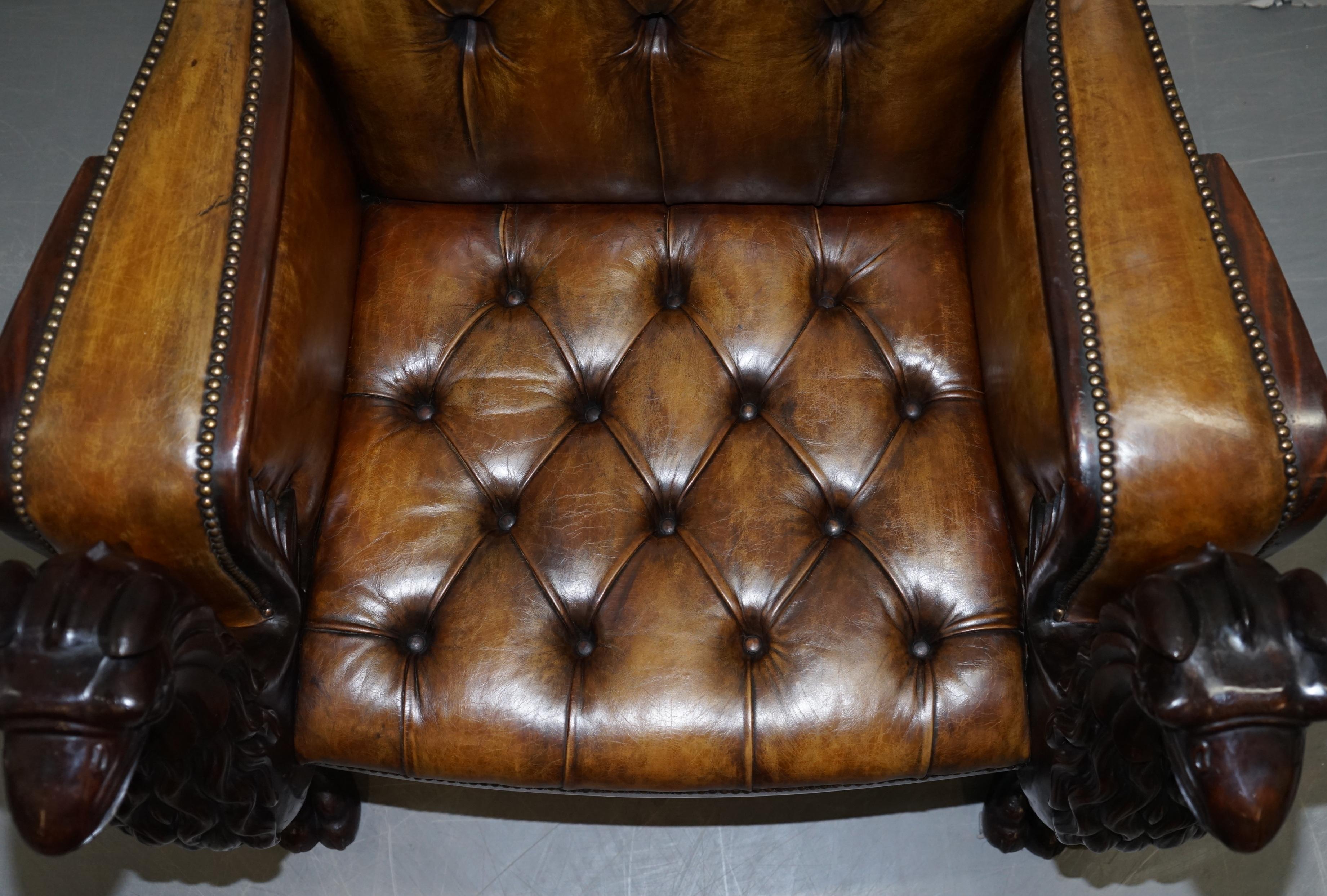 Stunning Pair of Huge Hand Carved Griffin Brown Leather Chesterfield Armchairs 4