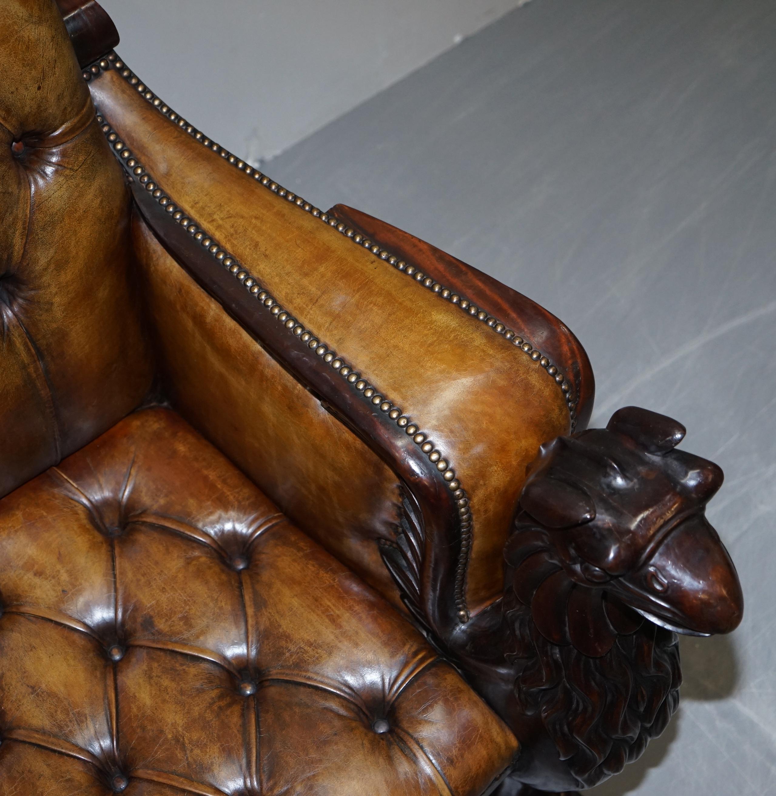 Stunning Pair of Huge Hand Carved Griffin Brown Leather Chesterfield Armchairs 5