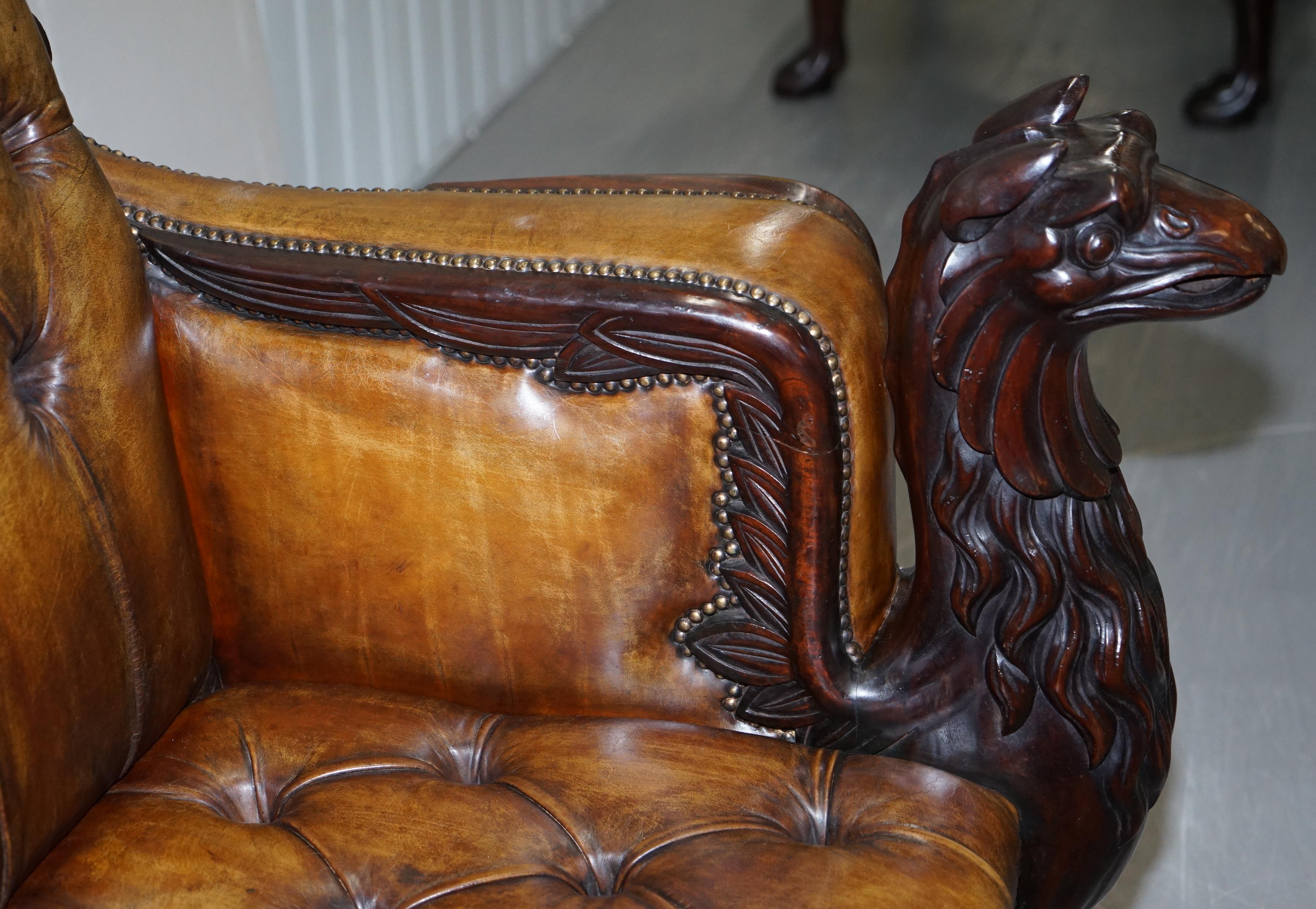Stunning Pair of Huge Hand Carved Griffin Brown Leather Chesterfield Armchairs 6