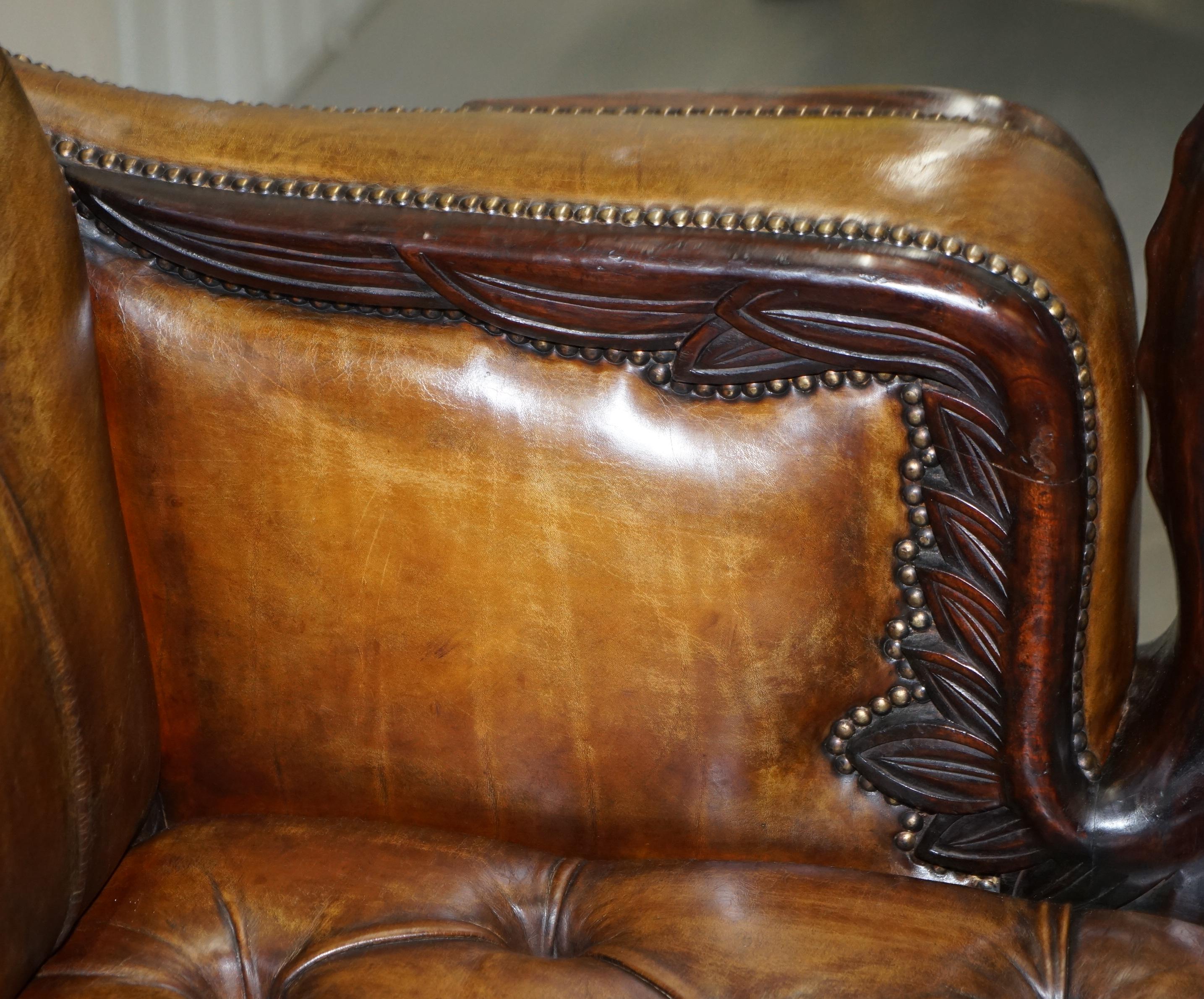 Stunning Pair of Huge Hand Carved Griffin Brown Leather Chesterfield Armchairs 7