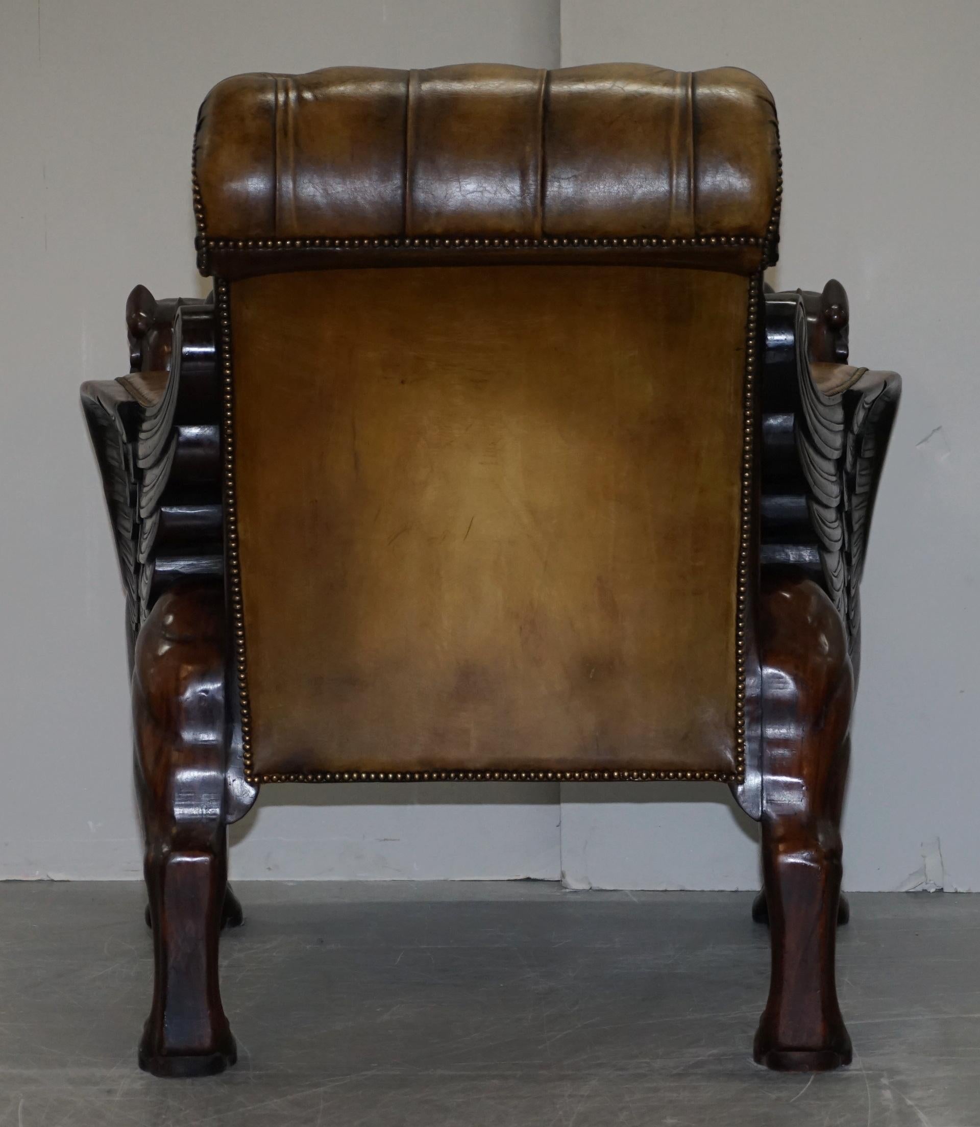 Stunning Pair of Huge Hand Carved Griffin Brown Leather Chesterfield Armchairs 11
