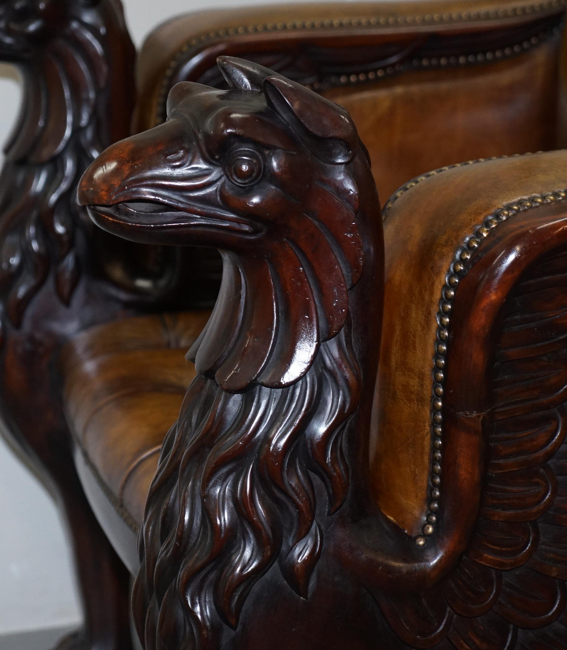 Stunning Pair of Huge Hand Carved Griffin Brown Leather Chesterfield Armchairs 14