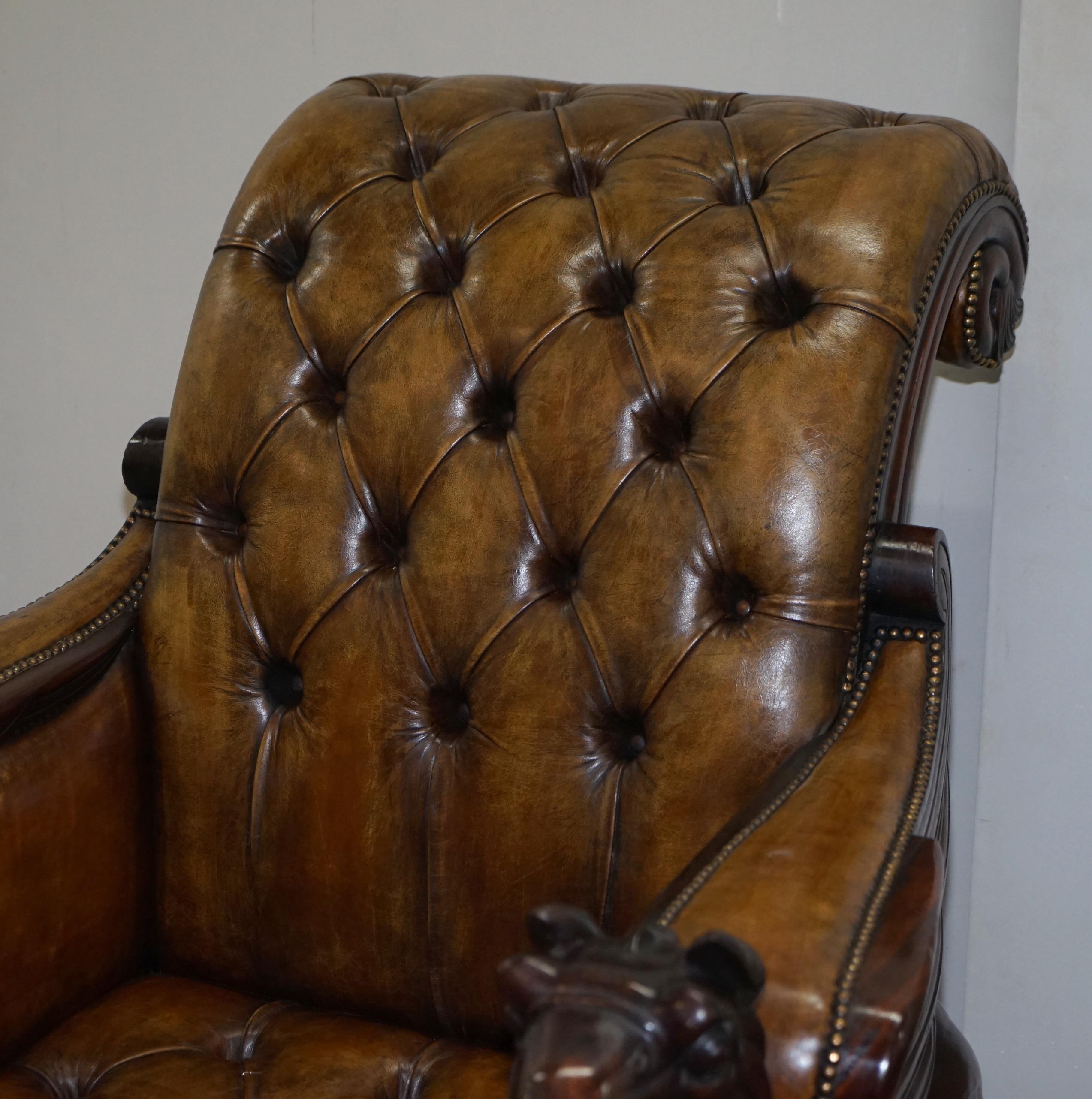 English Stunning Pair of Huge Hand Carved Griffin Brown Leather Chesterfield Armchairs