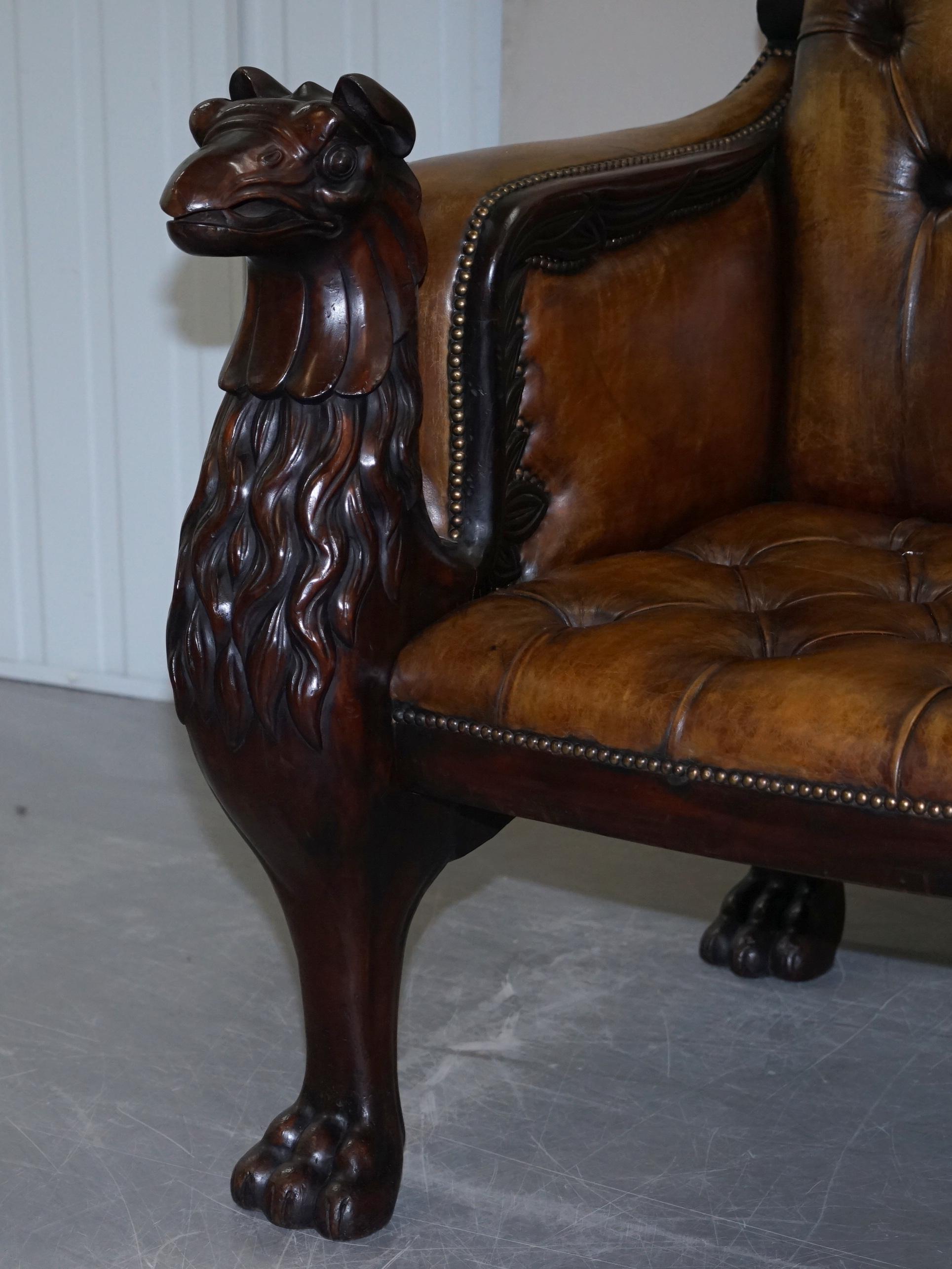 Hand-Carved Stunning Pair of Huge Hand Carved Griffin Brown Leather Chesterfield Armchairs