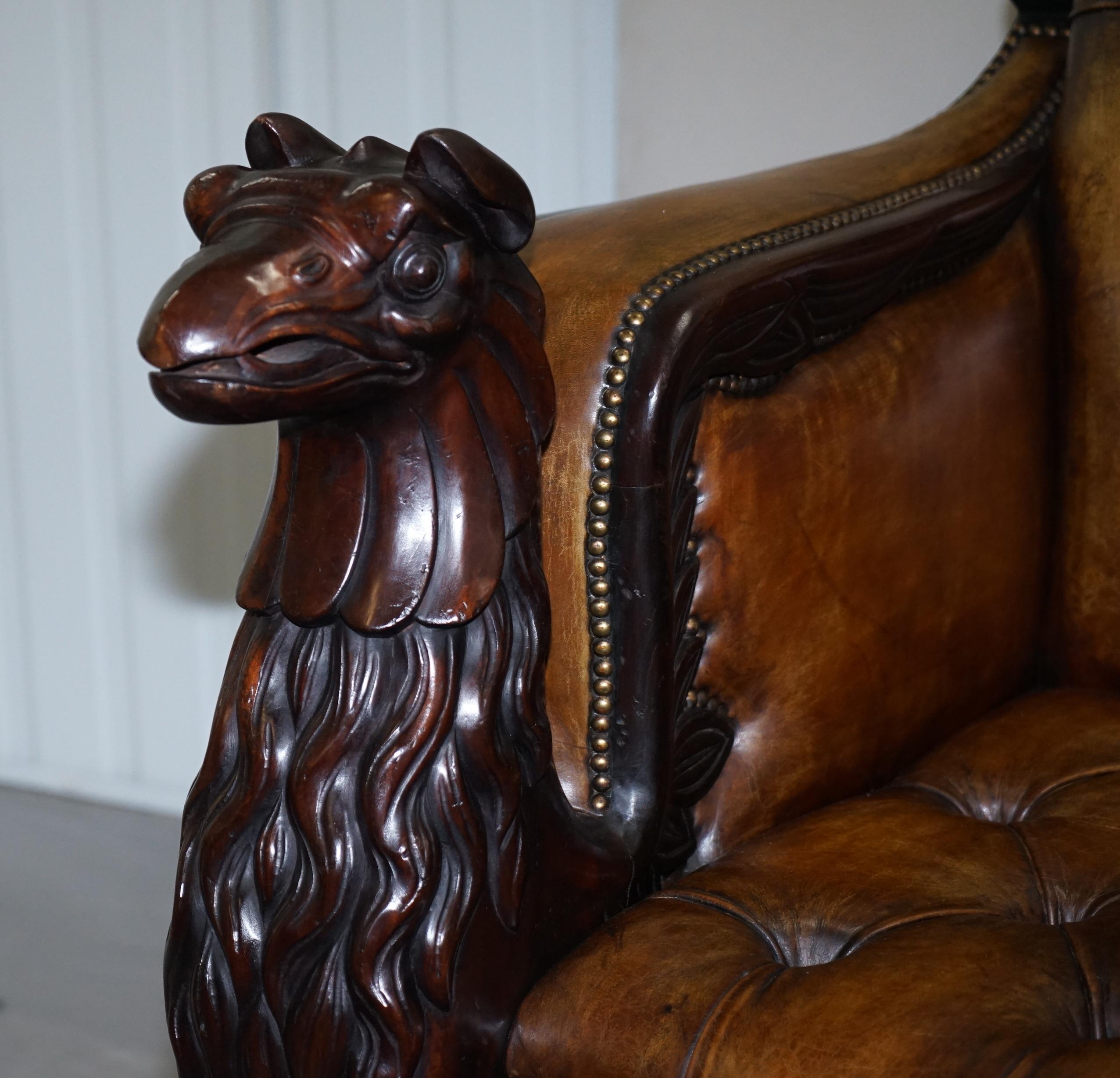 20th Century Stunning Pair of Huge Hand Carved Griffin Brown Leather Chesterfield Armchairs