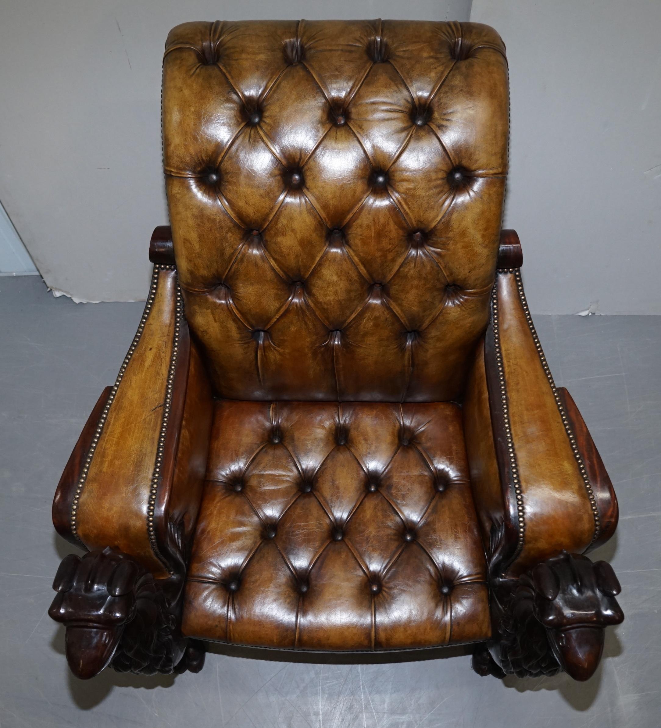 Stunning Pair of Huge Hand Carved Griffin Brown Leather Chesterfield Armchairs 3