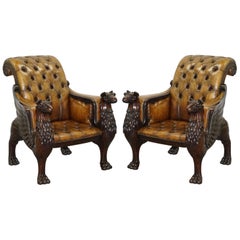 Stunning Pair of Huge Hand Carved Griffin Brown Leather Chesterfield Armchairs