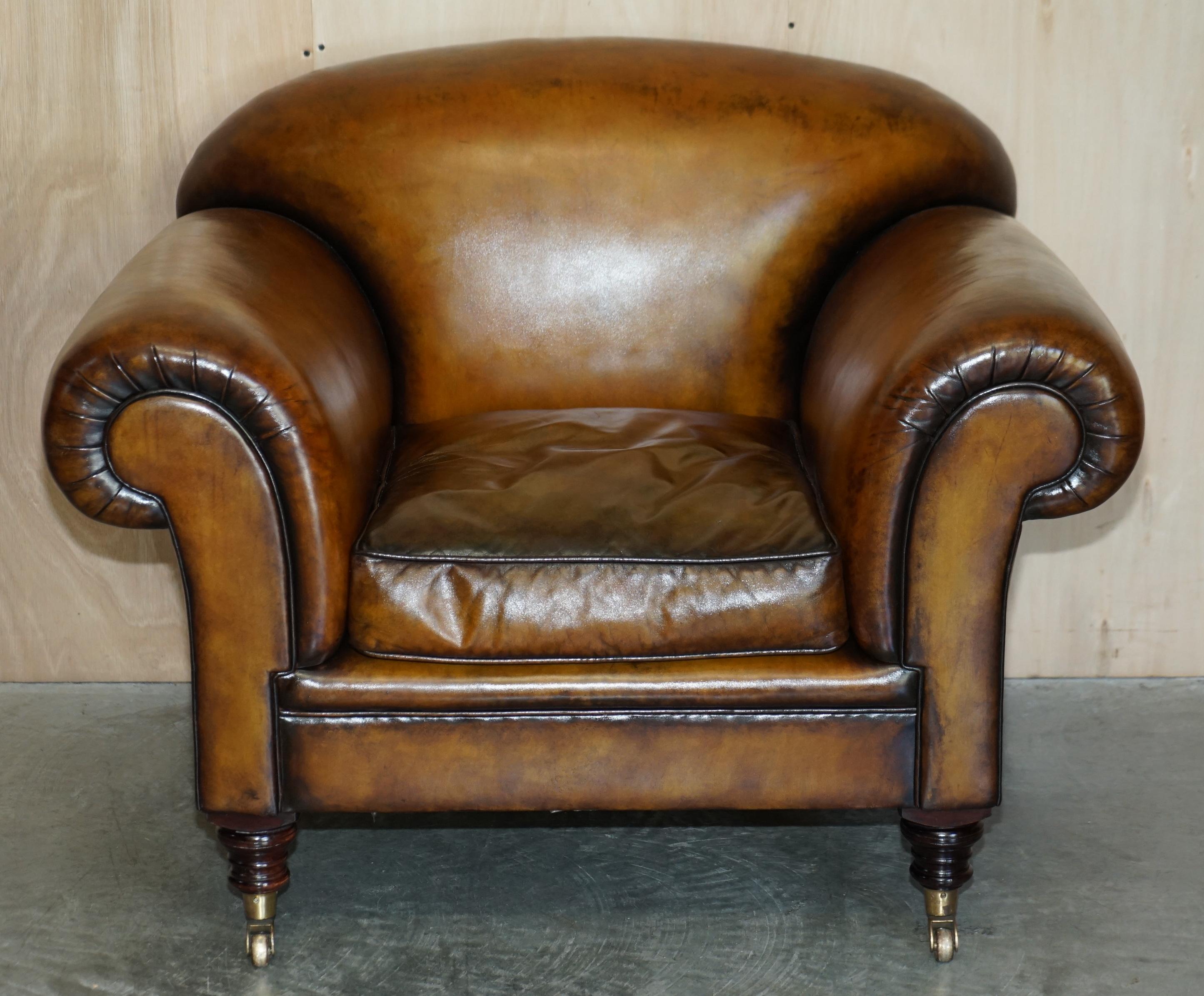 English Stunning Pair of Huge Restored George Smith Cigar Brown Leather Armchairs