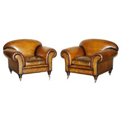 Stunning Pair of Huge Restored George Smith Cigar Brown Leather Armchairs