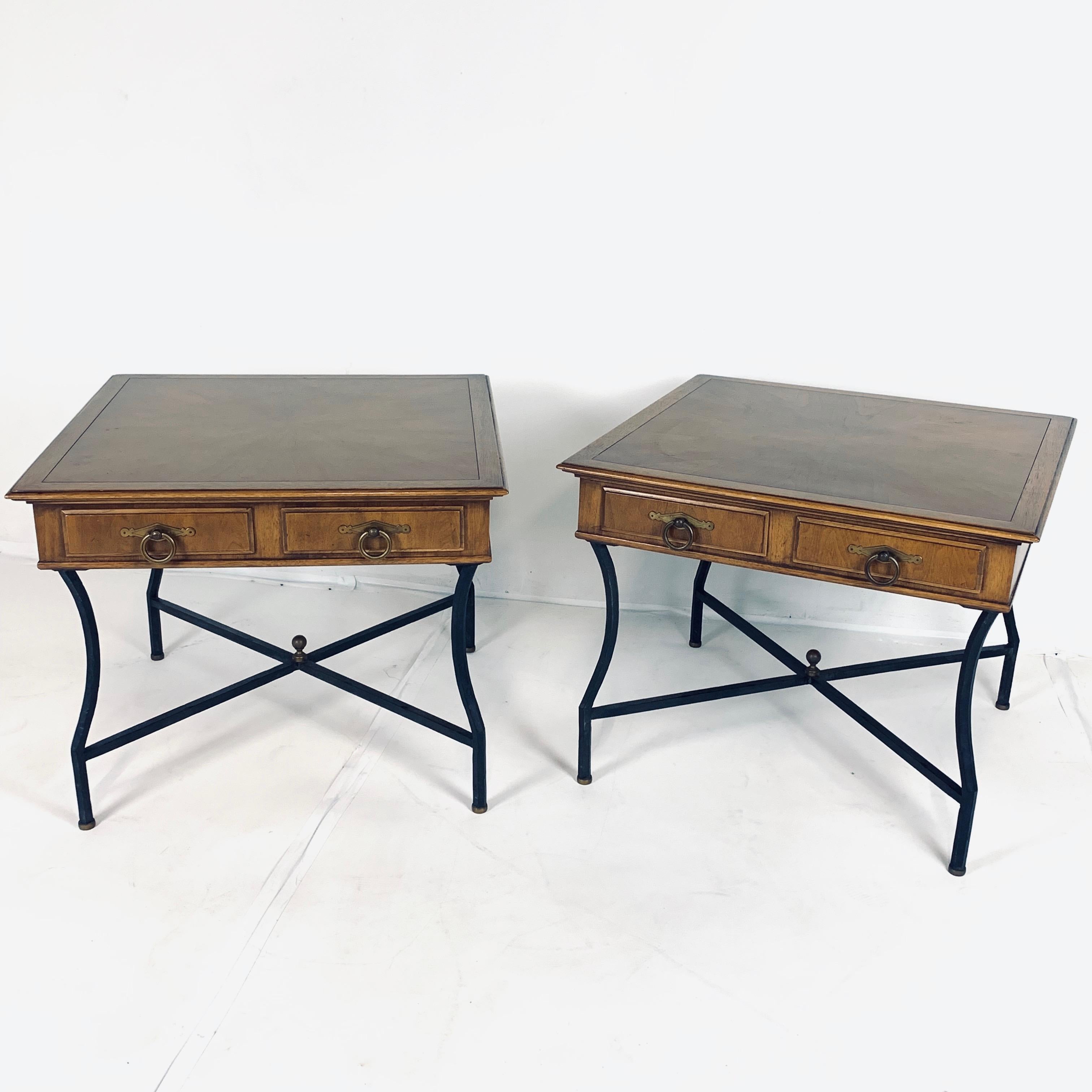 Amazing pair of Tomlinson End Tables. Walnut case top with 2 drawers. Decorative wrought iron base with brass detailing. The attention to detail on these tables is absolutely stunning!
Comes with original paperwork.

27 x 27  x 21.5 