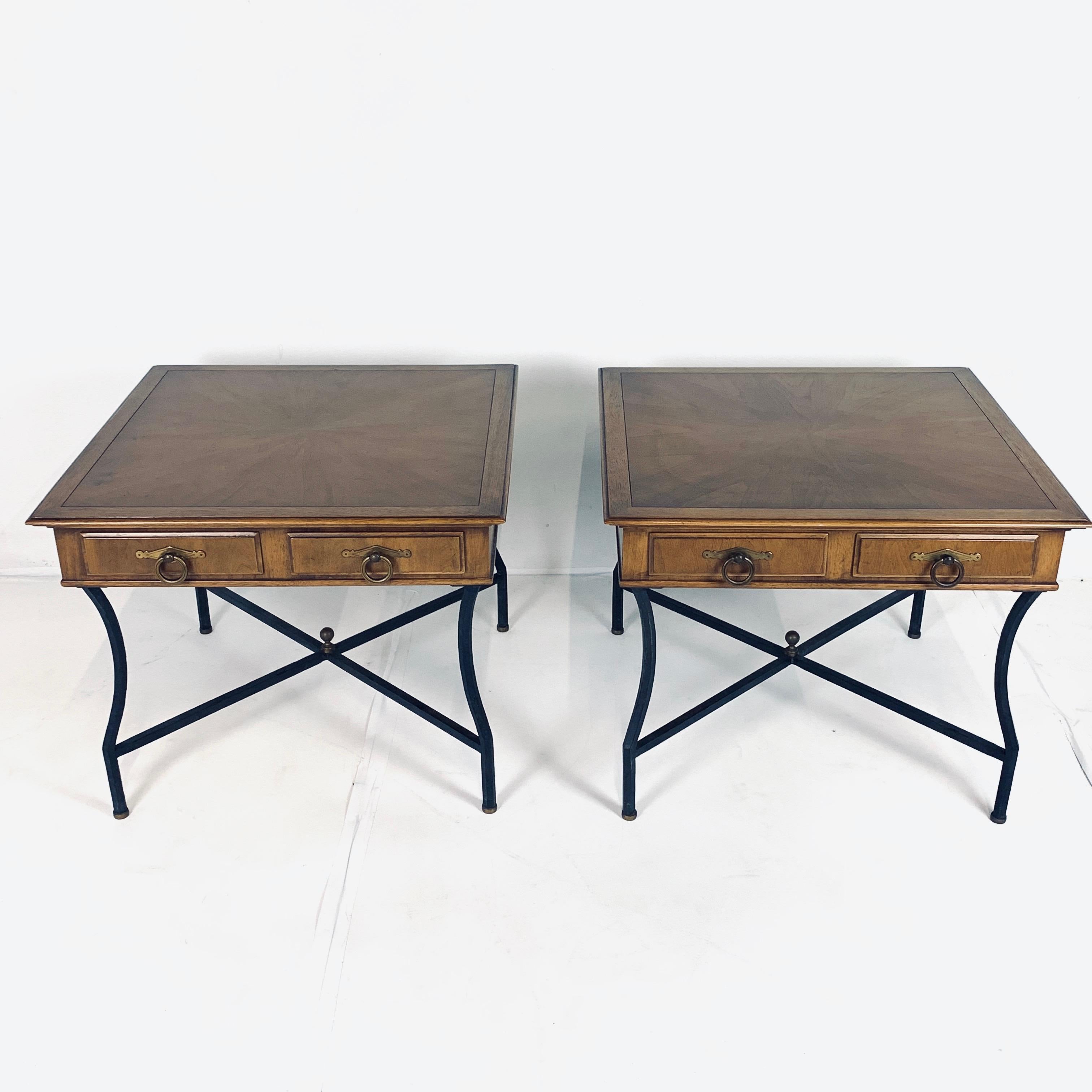 American Stunning Pair of Inlaid Walnut Midcentury Tomlinson End Lamp Tables w Ring Pulls
