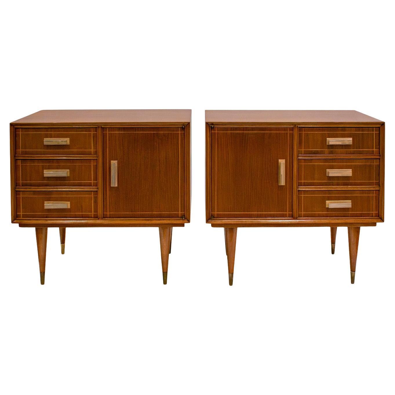 Stunning Pair of Italian Bedside Tables in Mahogany with Brass Accents 1950s