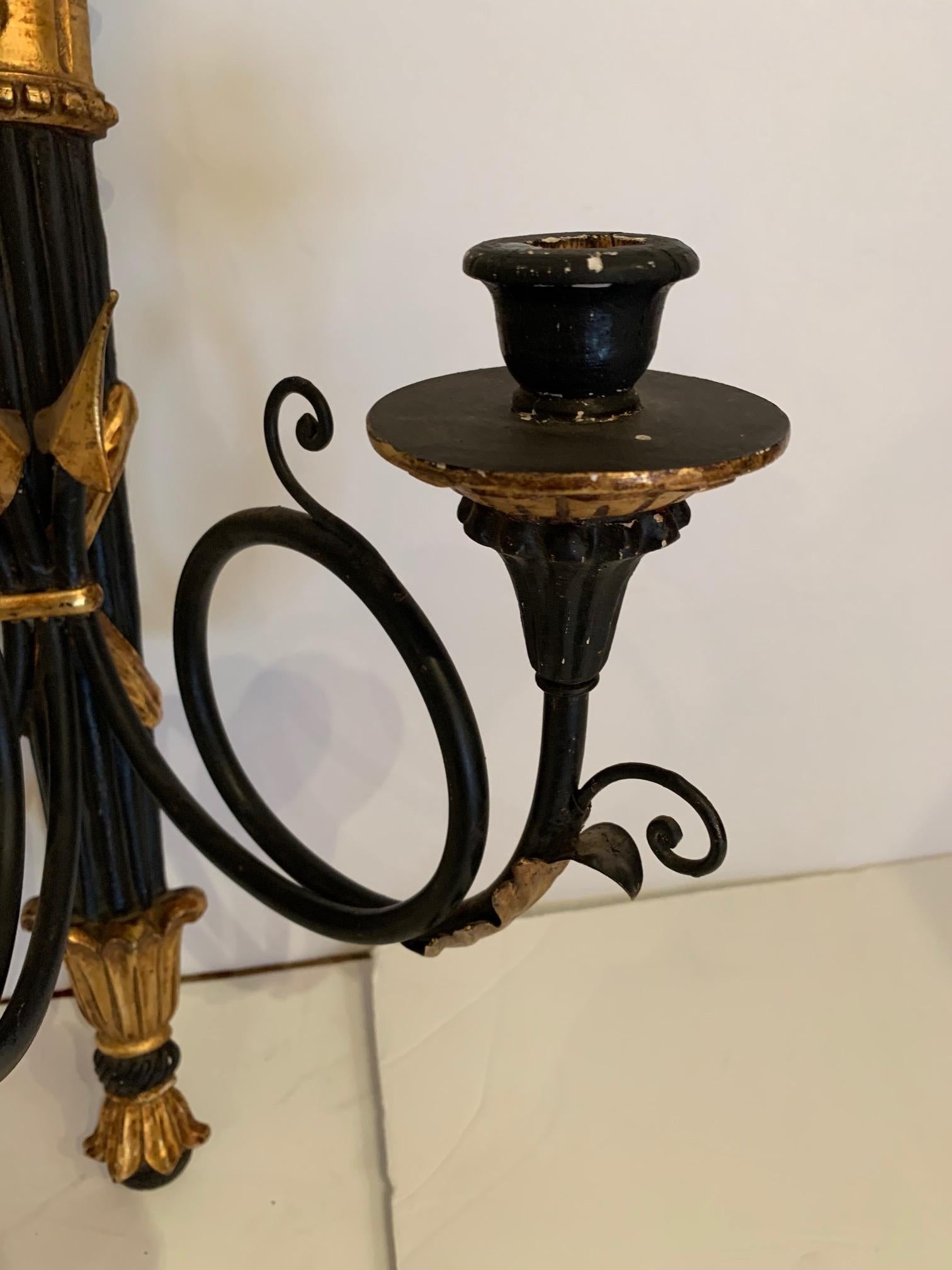 Regency Stunning Pair of Italian Black and Gold Neoclassical Style Sconces For Sale