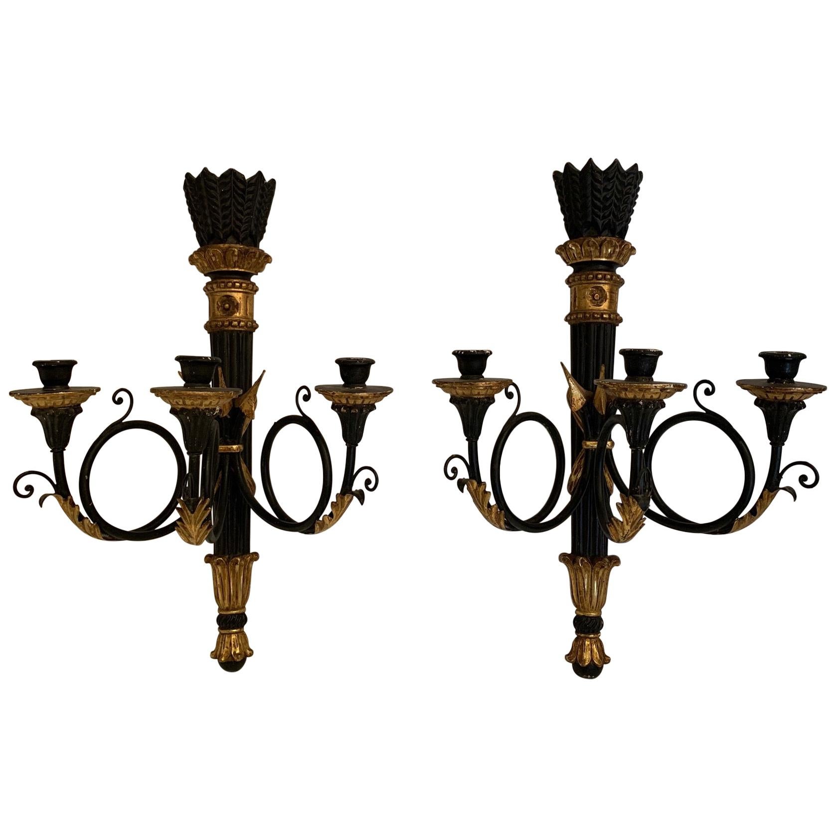 Stunning Pair of Italian Black and Gold Neoclassical Style Sconces For Sale