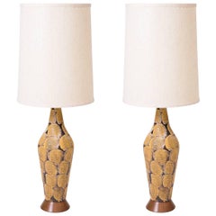 Stunning Pair of Italian Ceramic and Walnut Lamps
